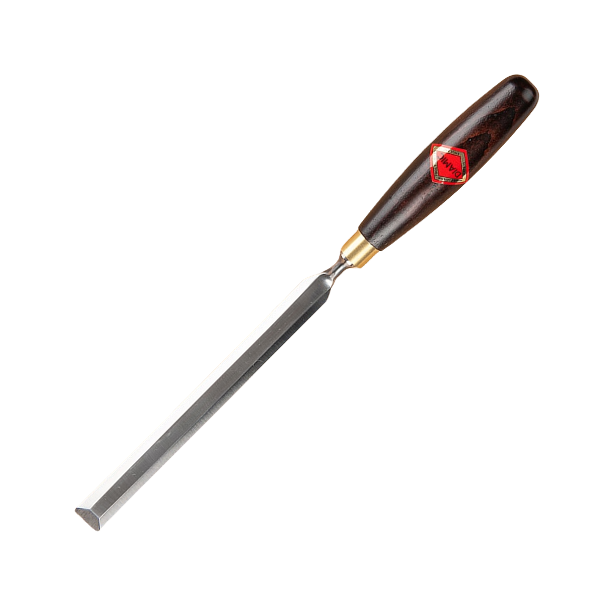 long cranked paring chisel with a steel blade and 'Diamic' brand wooden handle on a white background