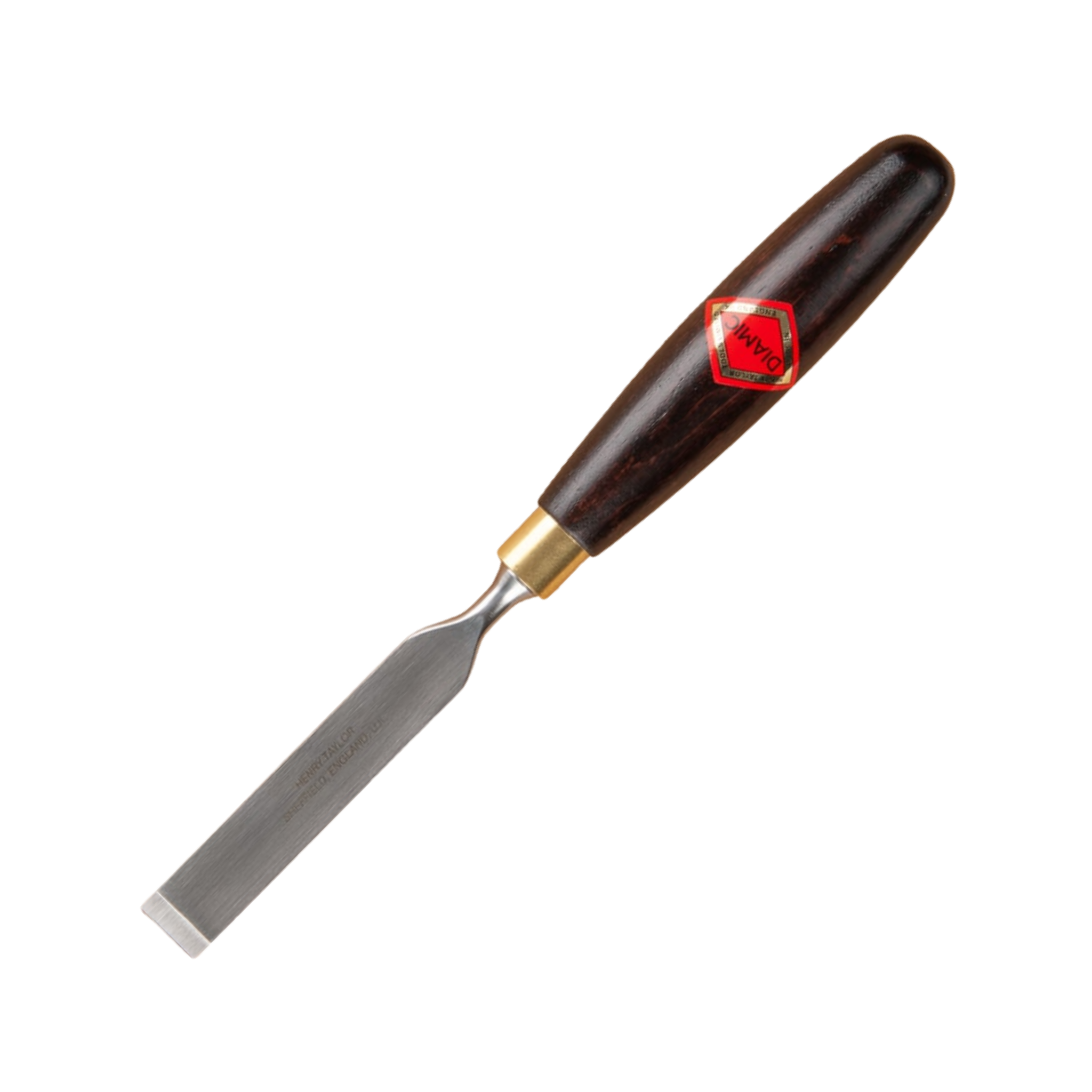 carbon steel woodworking firmer chisel with wooden handle on a white background