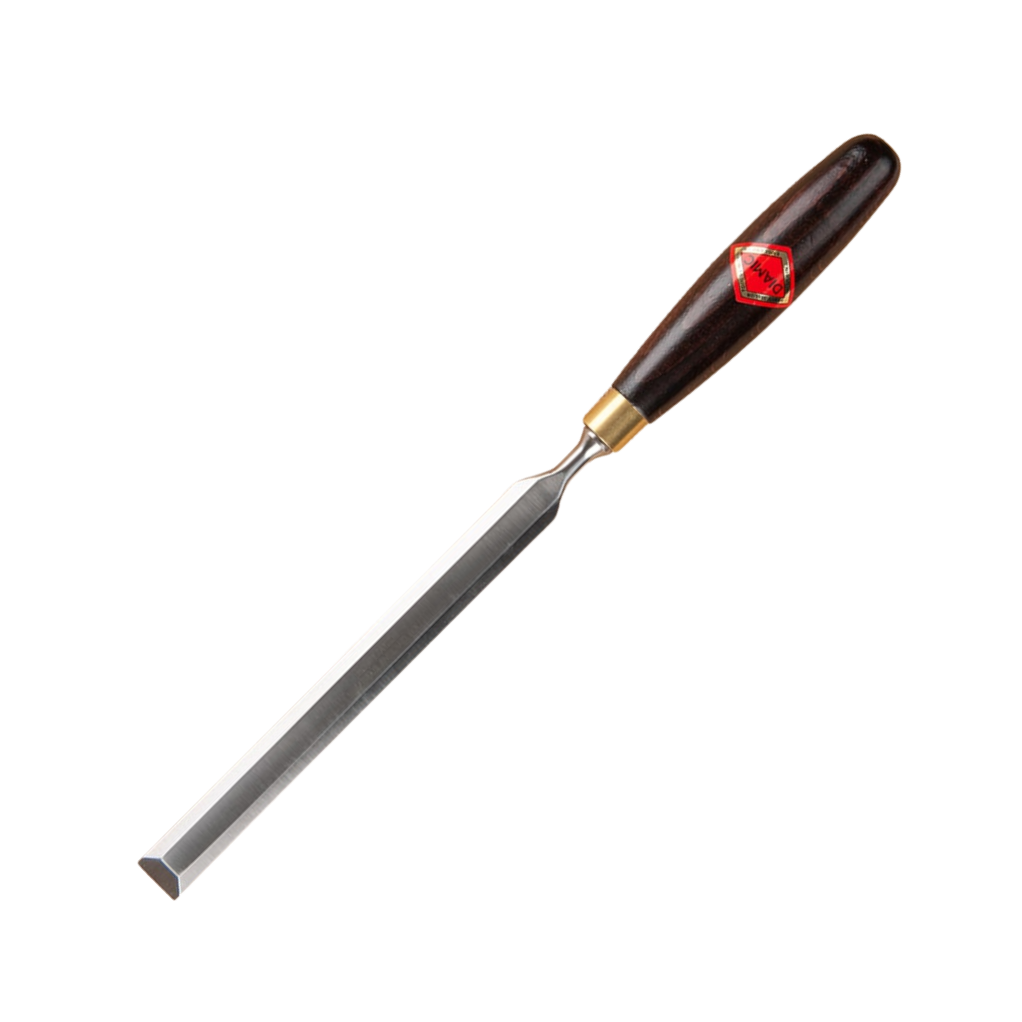 long paring chisel with a steel blade and 'Diamic' brand wooden handle on a white background