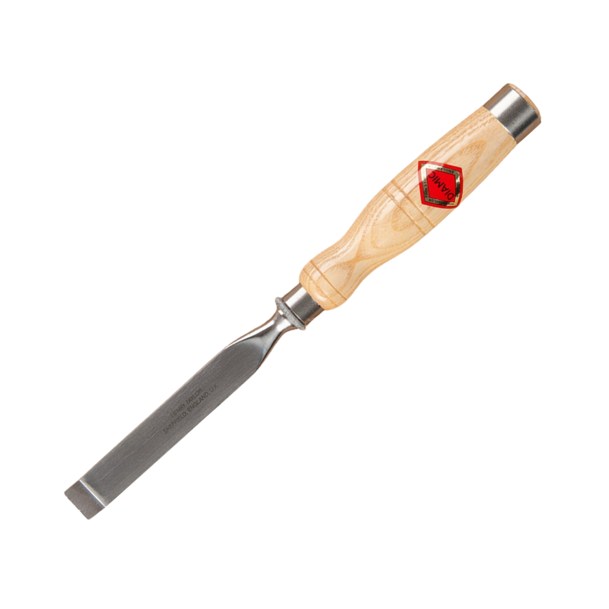 mortice chisel with a steel blade and 'Diamic' brand wooden handle on a white background