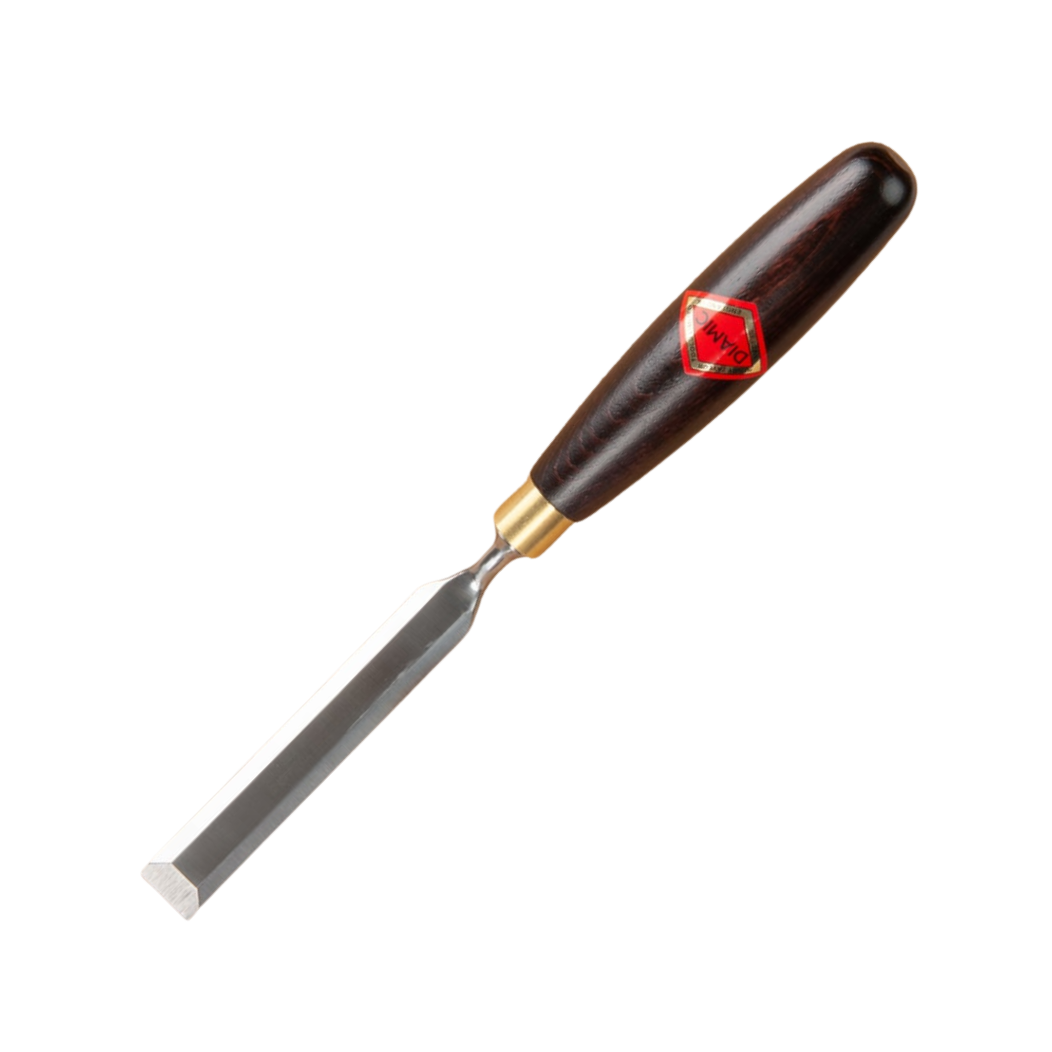 cranked paring chisel with a steel blade and 'Diamic' brand wooden handle on a white background