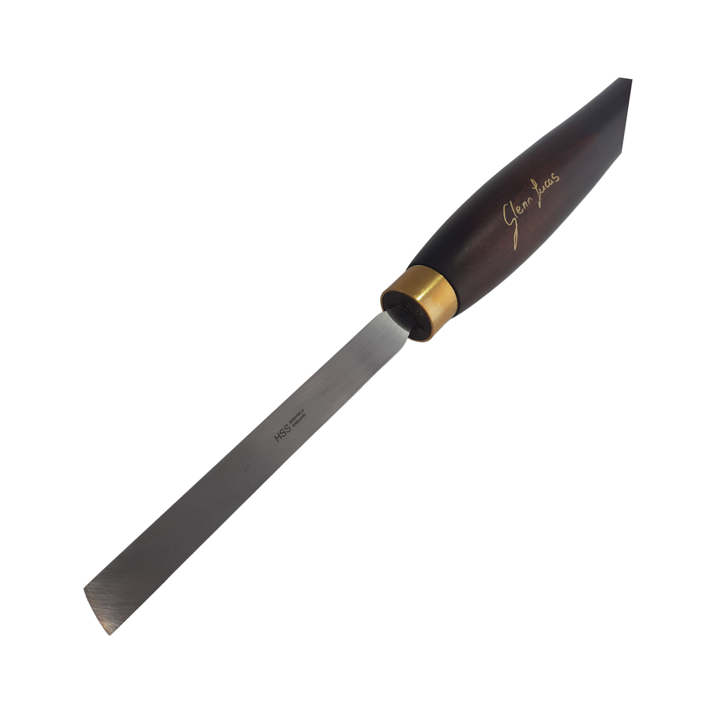 close up of high speed steel woodturning square end scraper with wooden handle on a white background