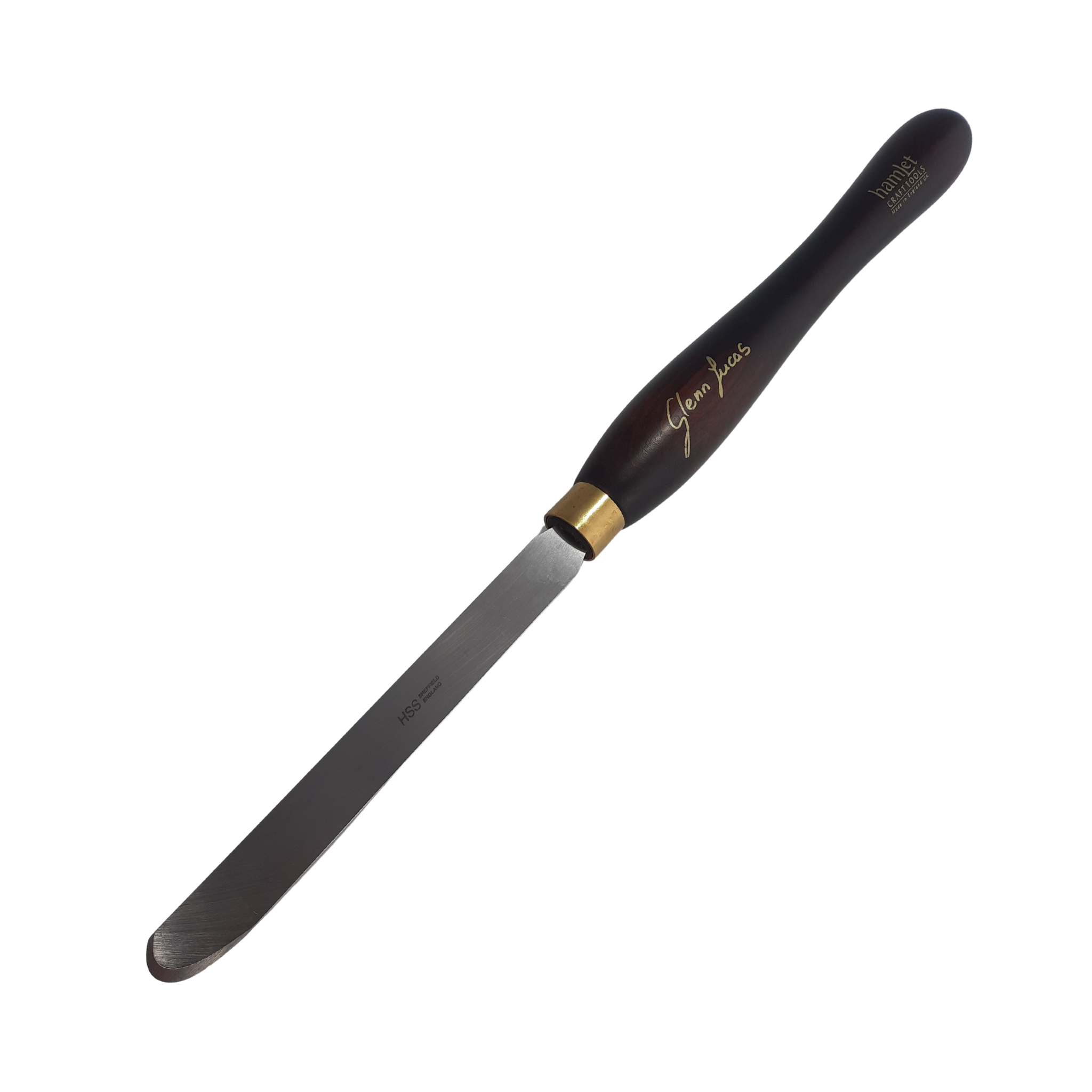 high speed steel woodturning scraper with negative rake and wooden handle on a white background