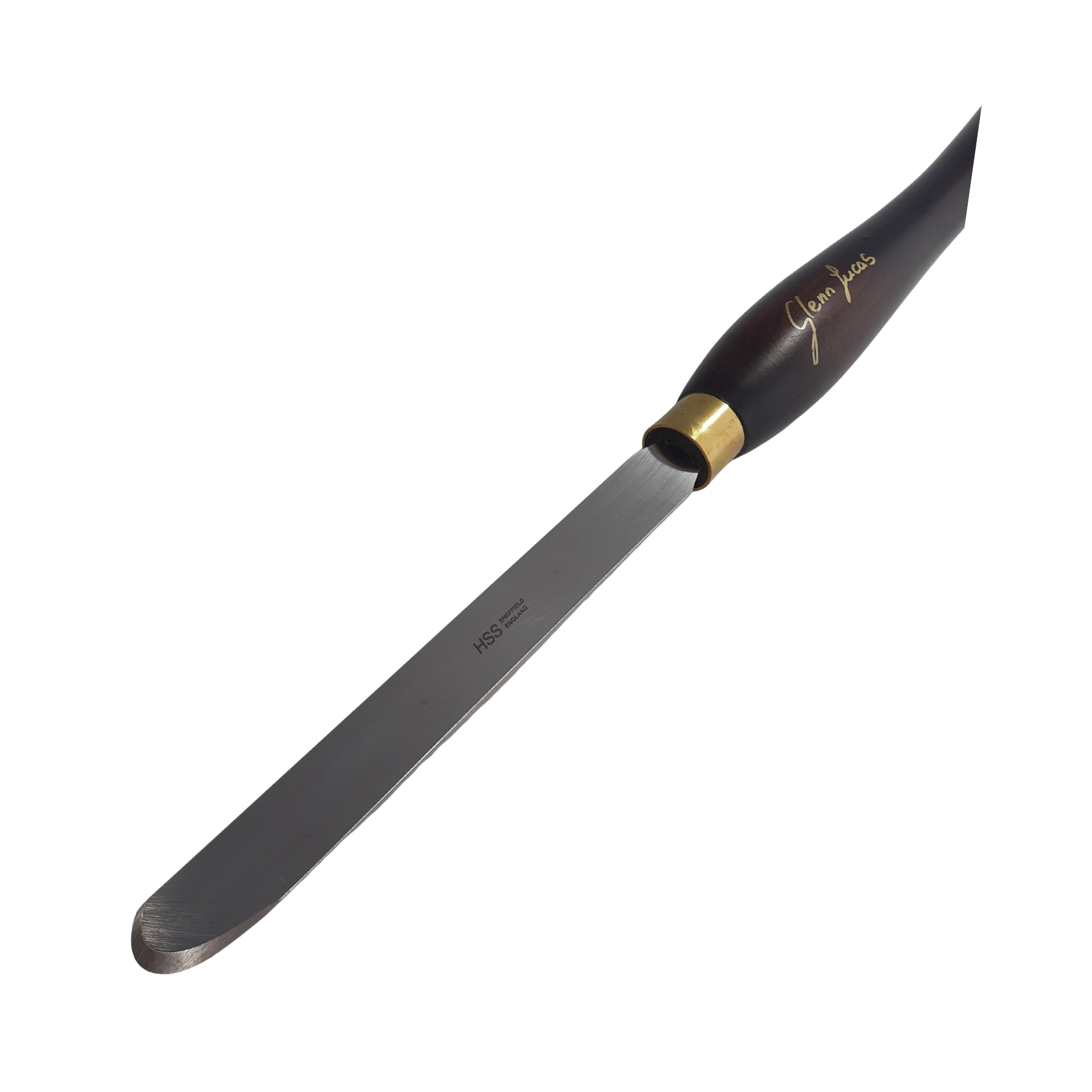 close up of high speed steel woodturning scraper with negative rake and wooden handle on a white background