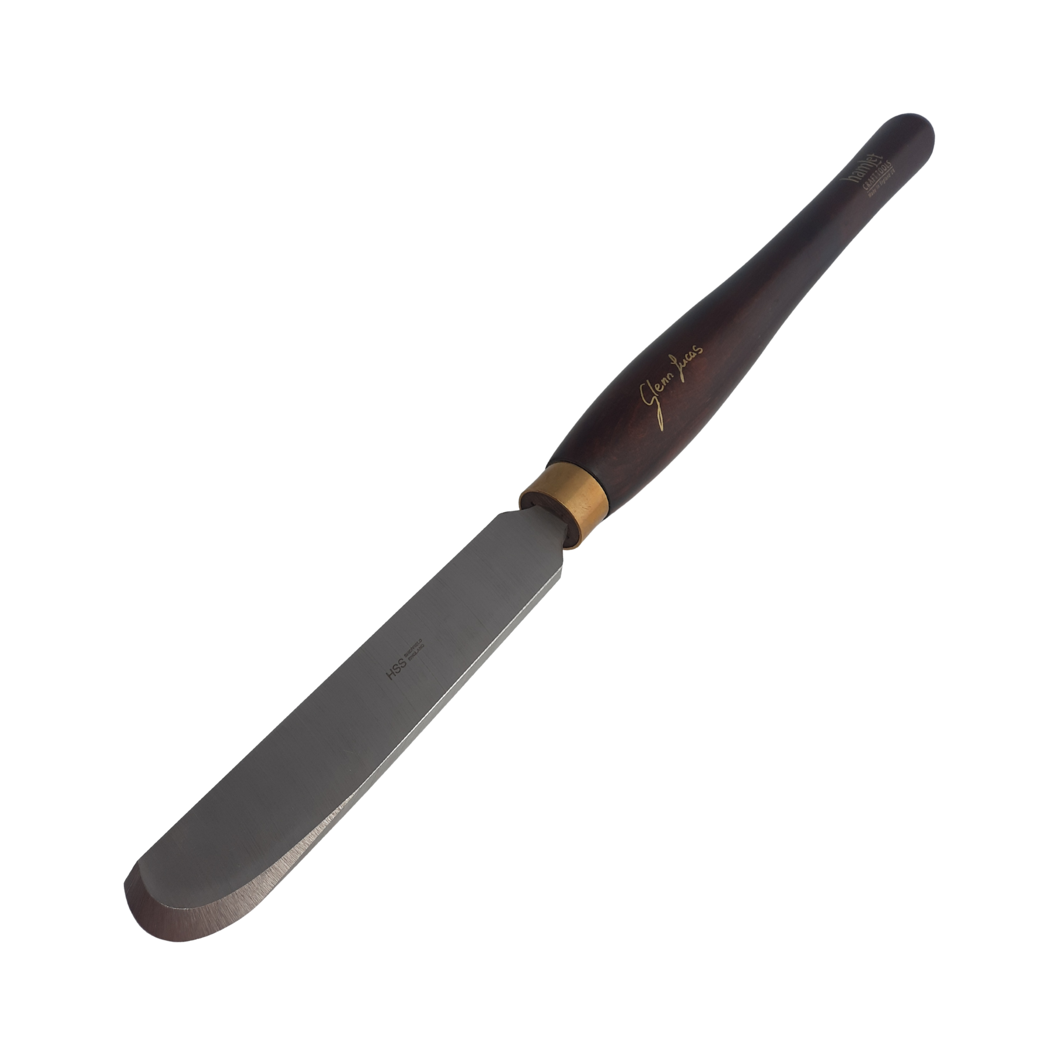 high speed steel woodturning scraper with negative rake and wooden handle on a white background