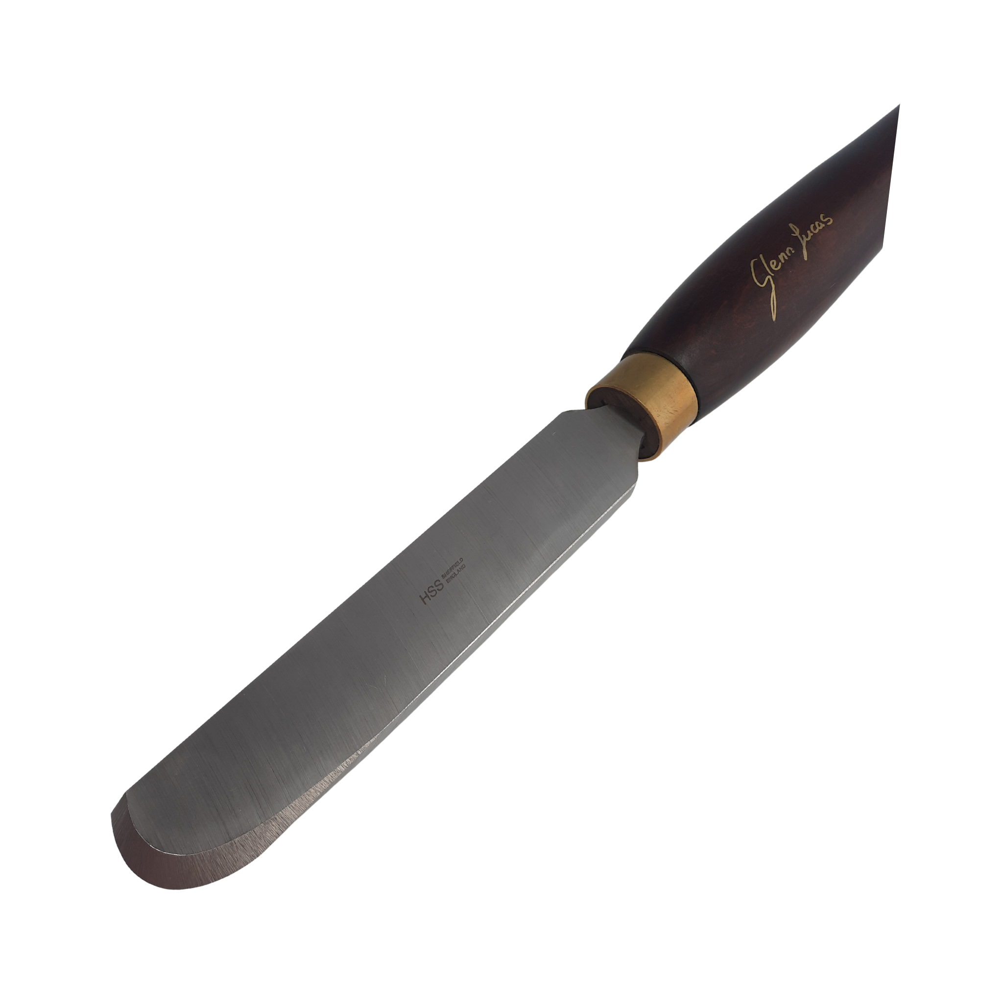 close up of high speed steel woodturning scraper with negative rake and wooden handle on a white background