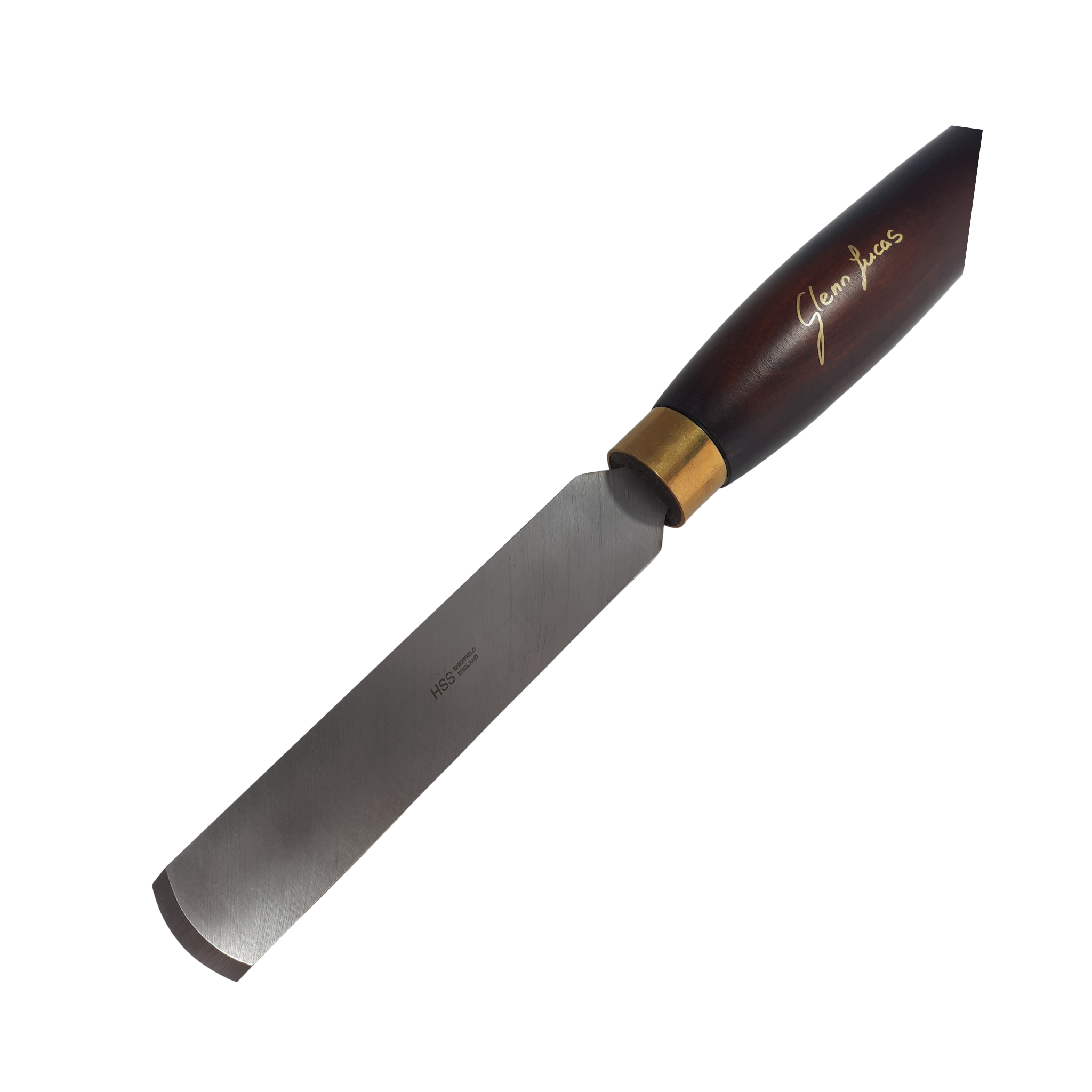 close up of high speed steel woodturning round nose scraper with negative rake and wooden handle on a white background