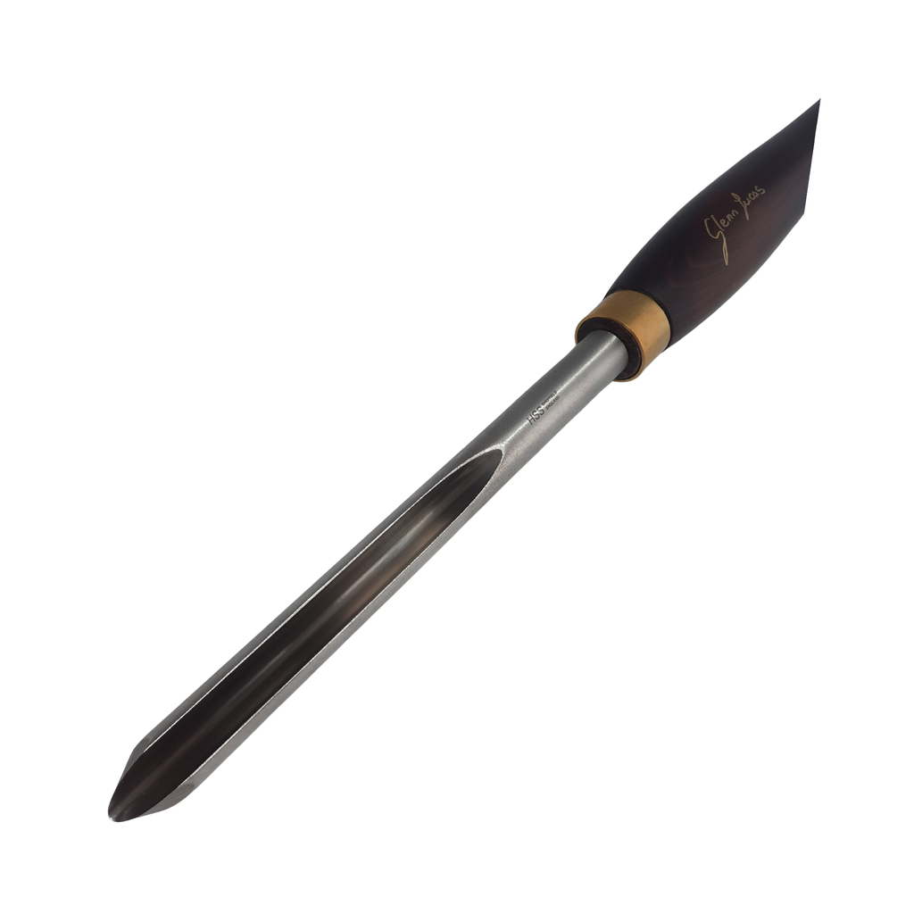 close up of high speed steel woodturning bowl gouge with wooden handle on a white background