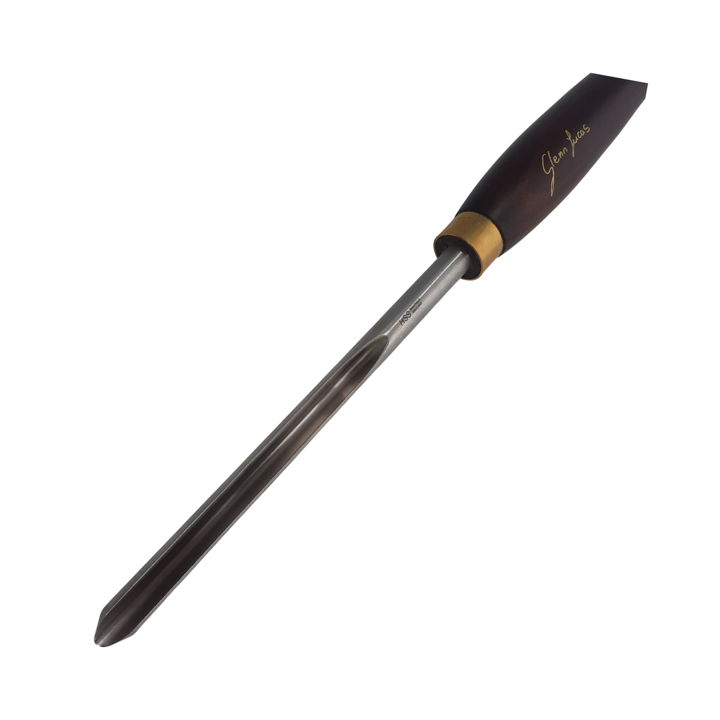 close up of high speed steel woodturning bowl gouge with wooden handle on a white background