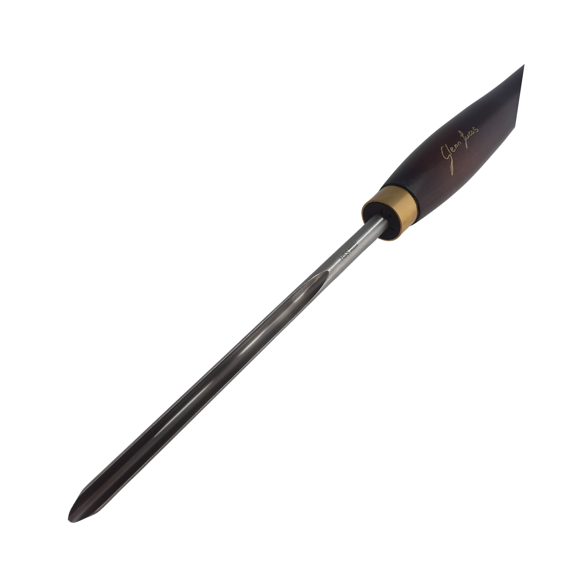 close up of high speed steel woodturning gouge with wooden handle on a white background