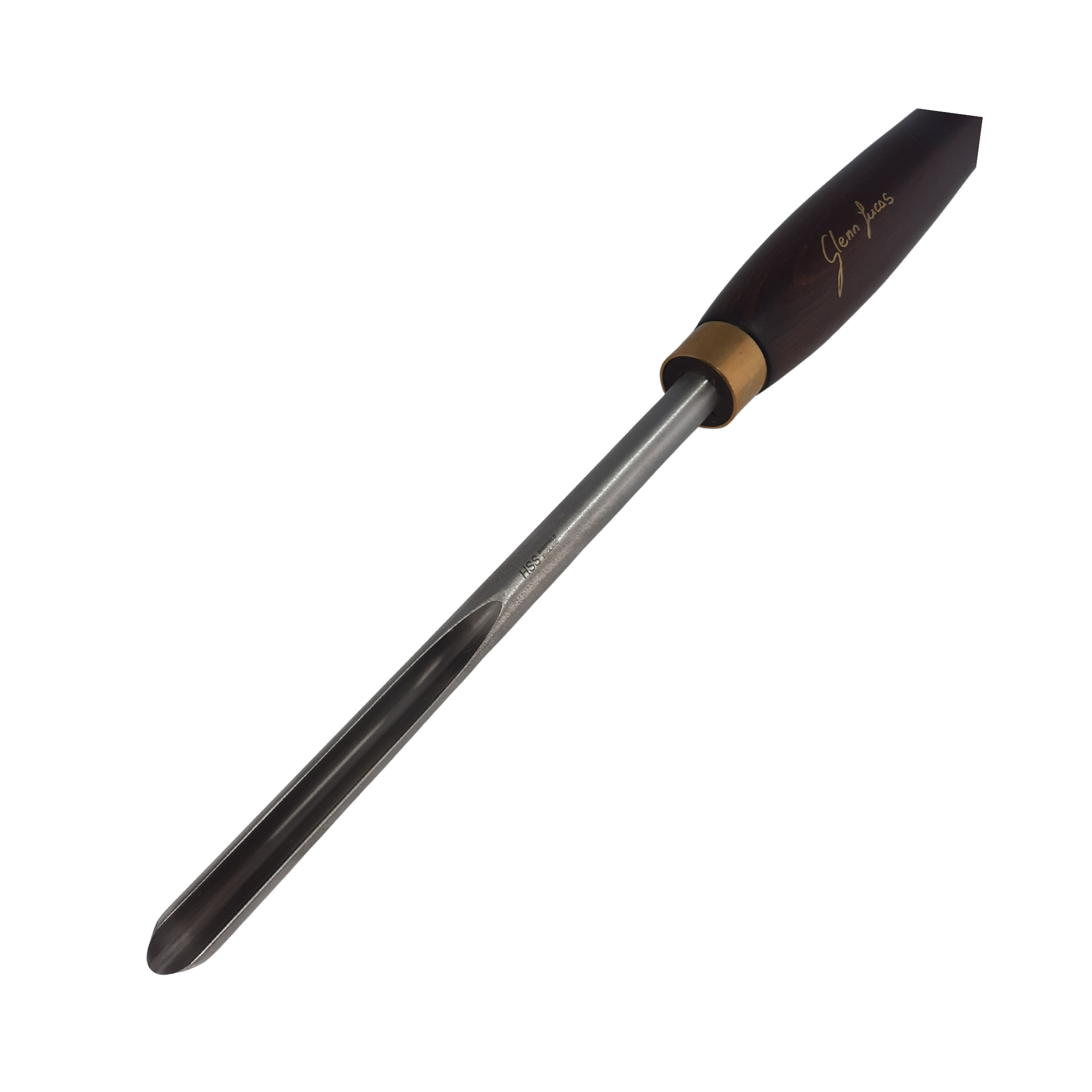 close up of high speed steel woodturning bowl gouge with wooden handle on a white background