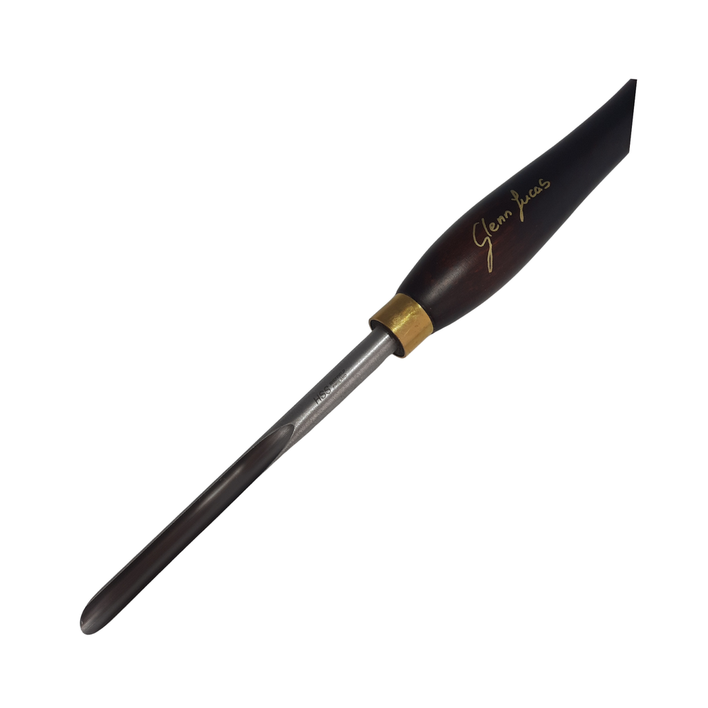 close up of high speed steel woodturning spindle gouge with wooden handle on a white background