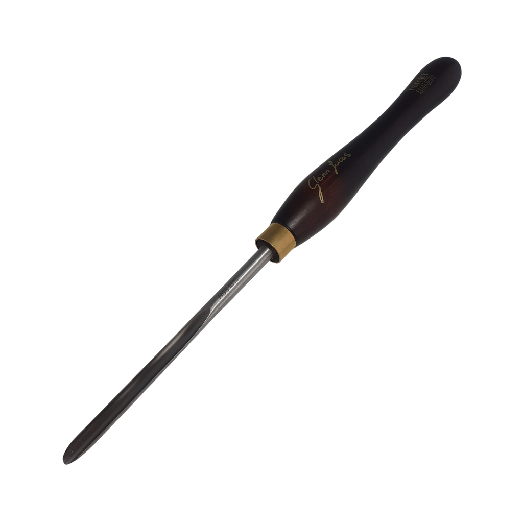 high speed steel woodturning spindle gouge with wooden handle on a white background