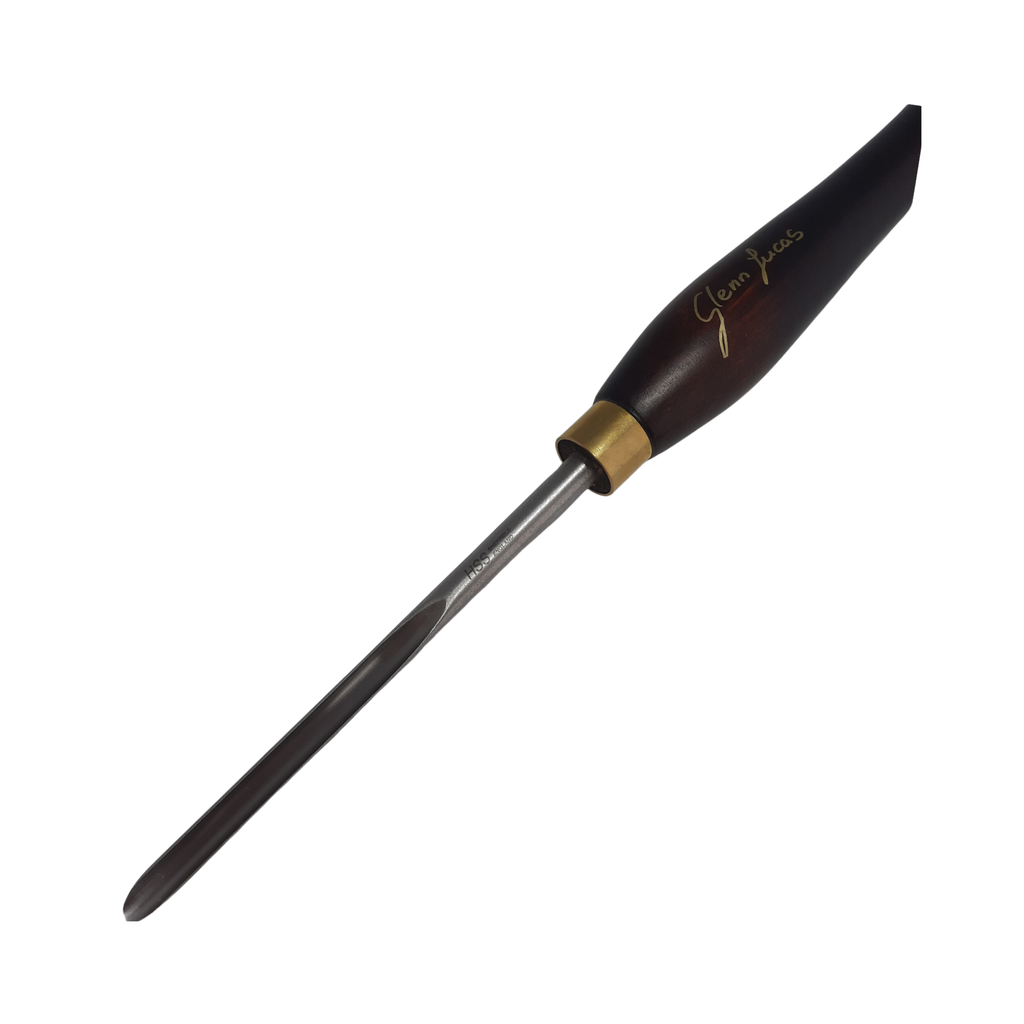 close up of high speed steel woodturning spindle gouge with wooden handle on a white background