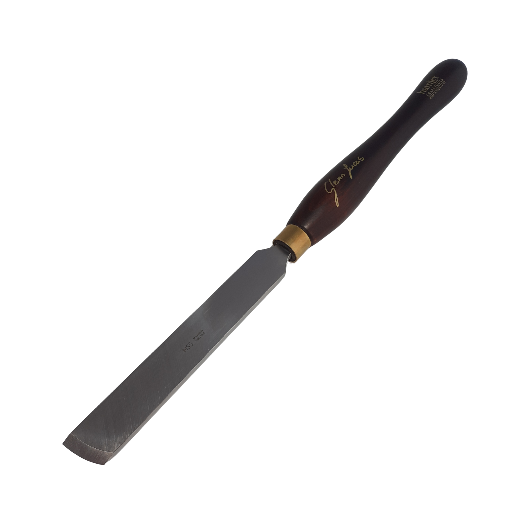 high speed steel woodturning skew chisel with wooden handle on a white background