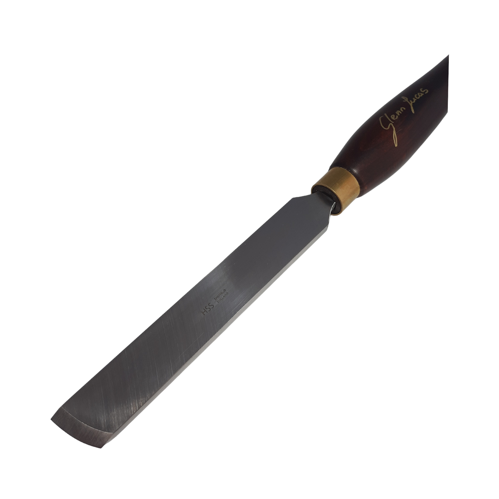 close up of high speed steel woodturning skew chisel with wooden handle on a white background