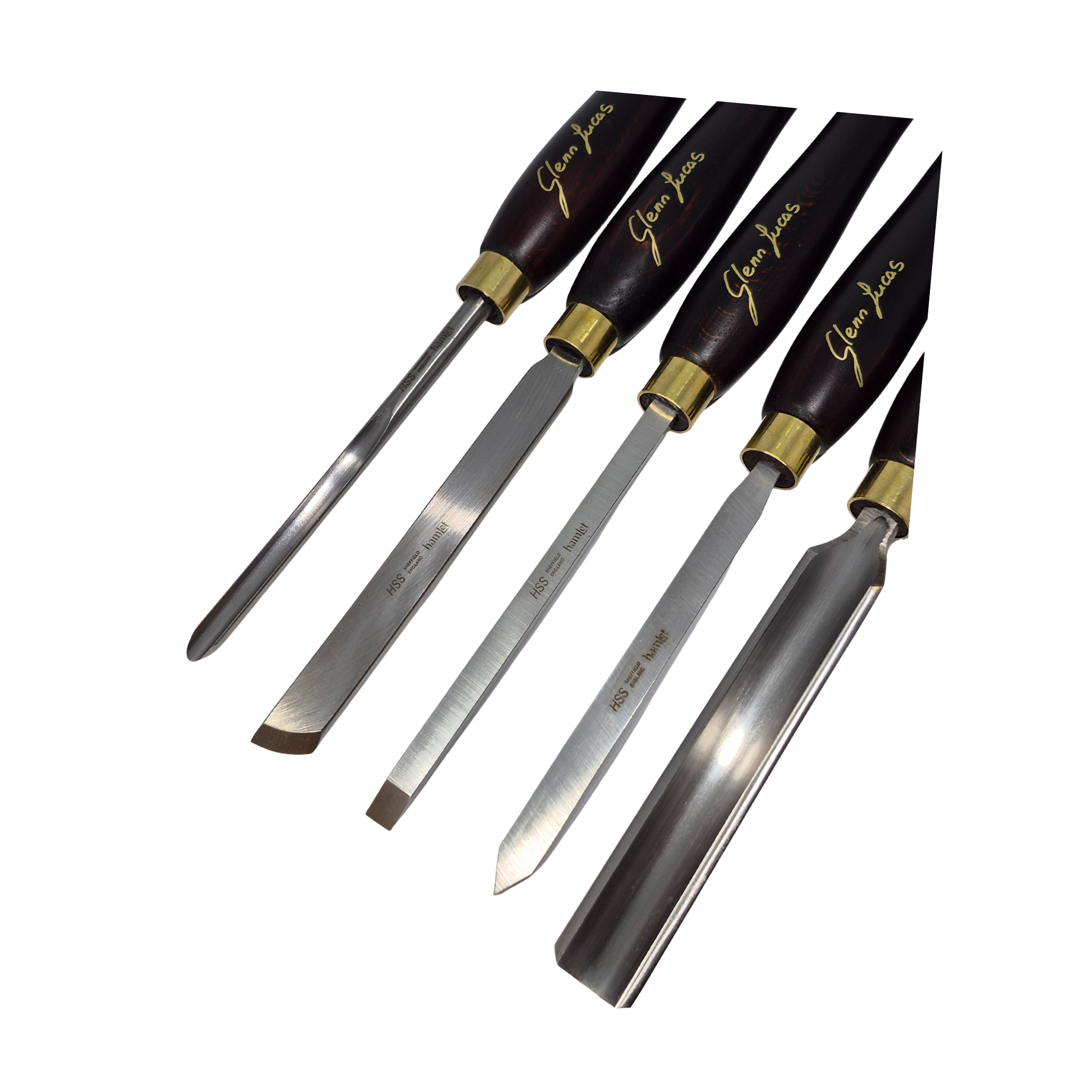 set of five woodturning chisels with high speed steel blades and wooden handles on a white background