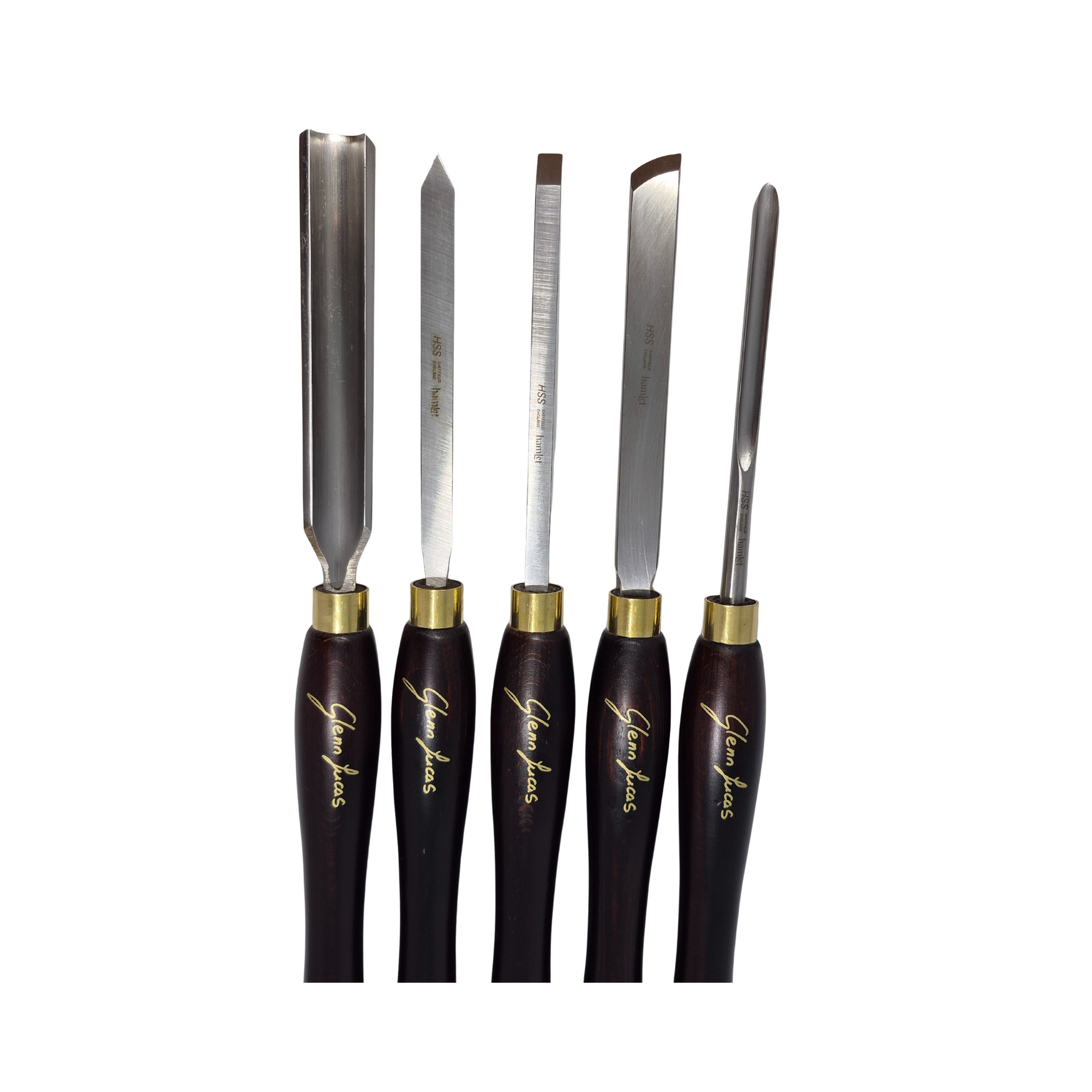 set of five woodturning chisels with high speed steel blades and wooden handles on a white background