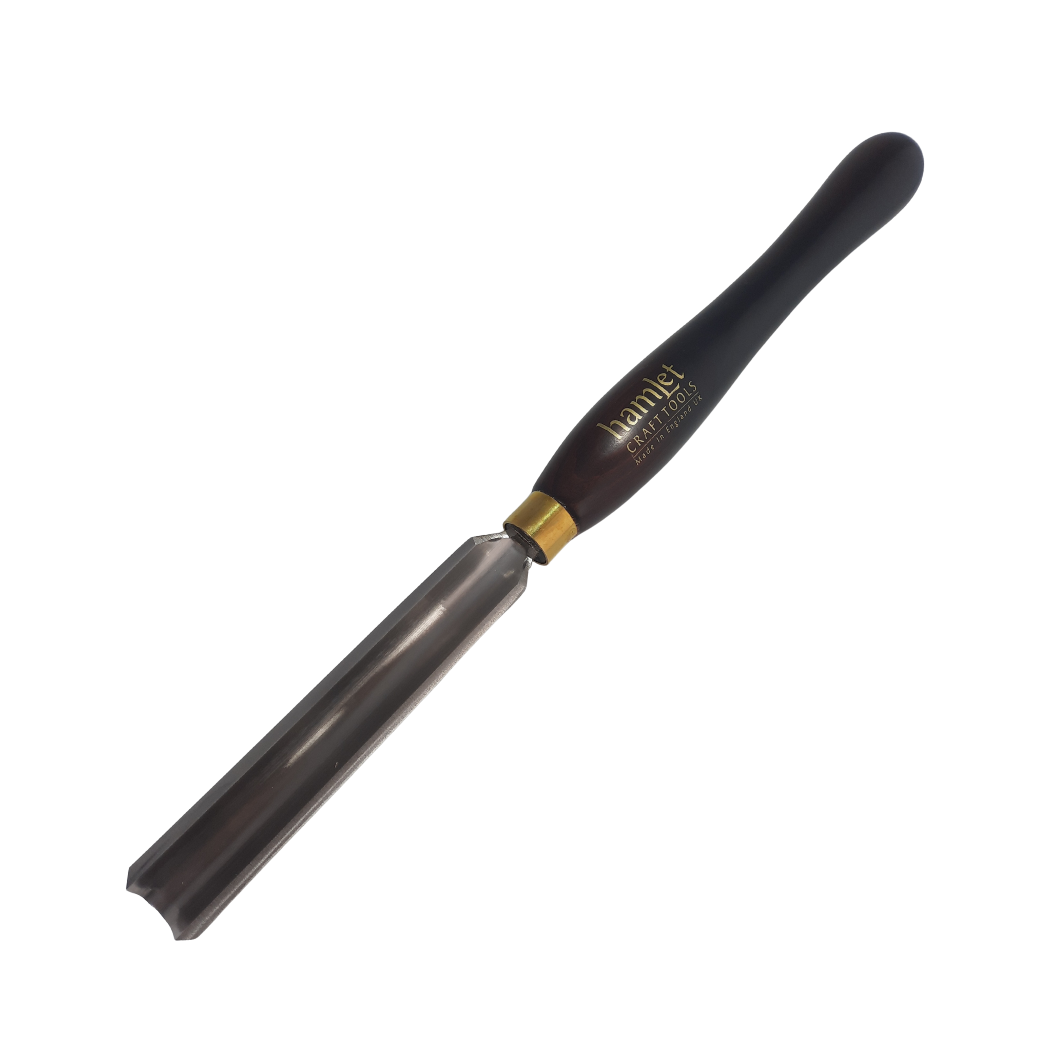 high speed steel 3/4" woodturning  roughing gouge with wooden handle on a white background