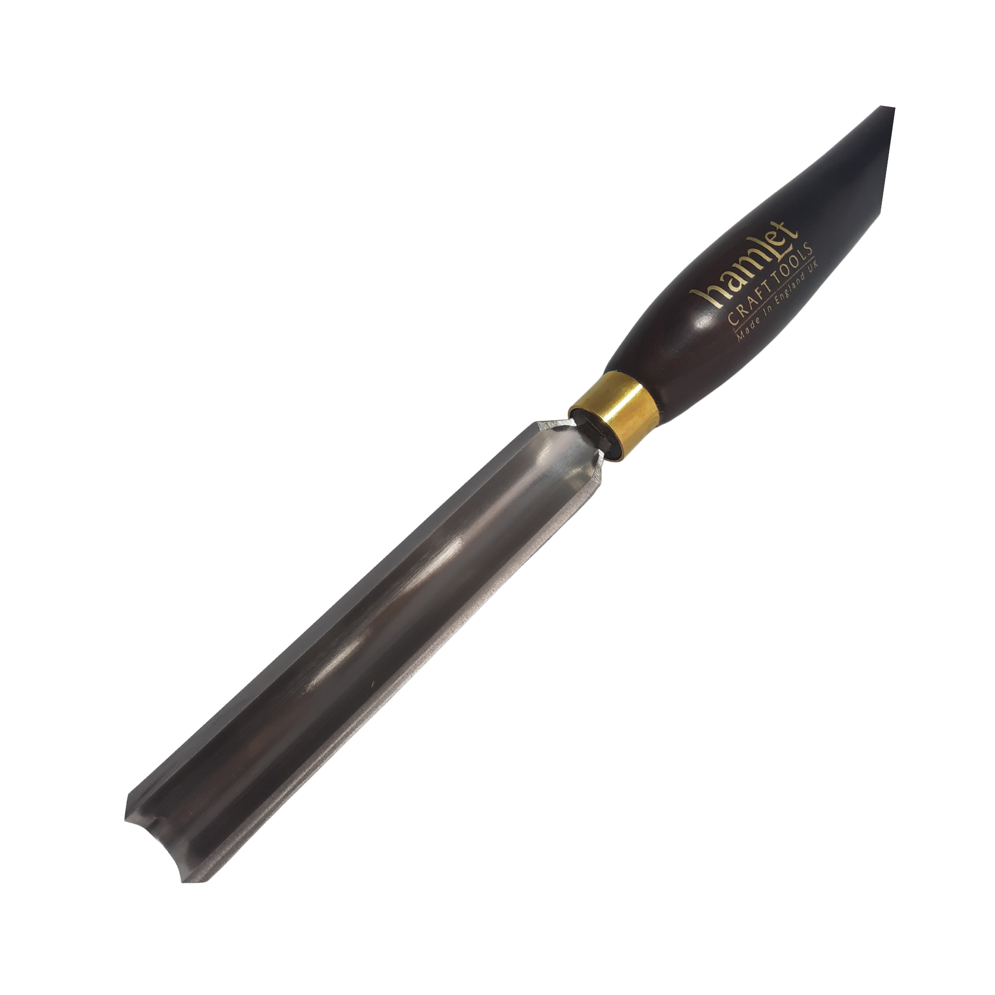 close up of high speed steel 3/4" woodturning  roughing gouge with wooden handle on a white background