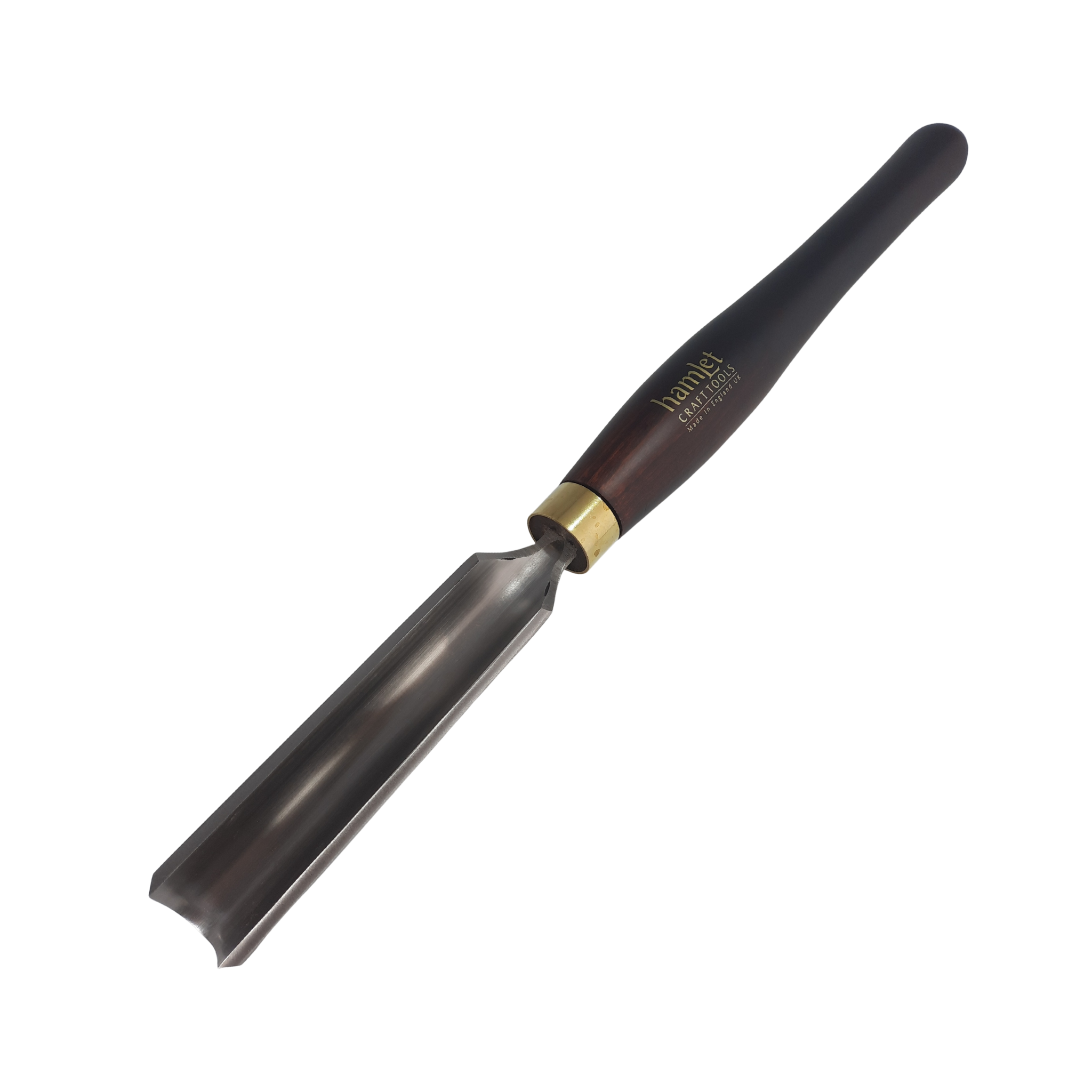 high speed steel 1 1/4" woodturning  roughing gouge with wooden handle on a white background