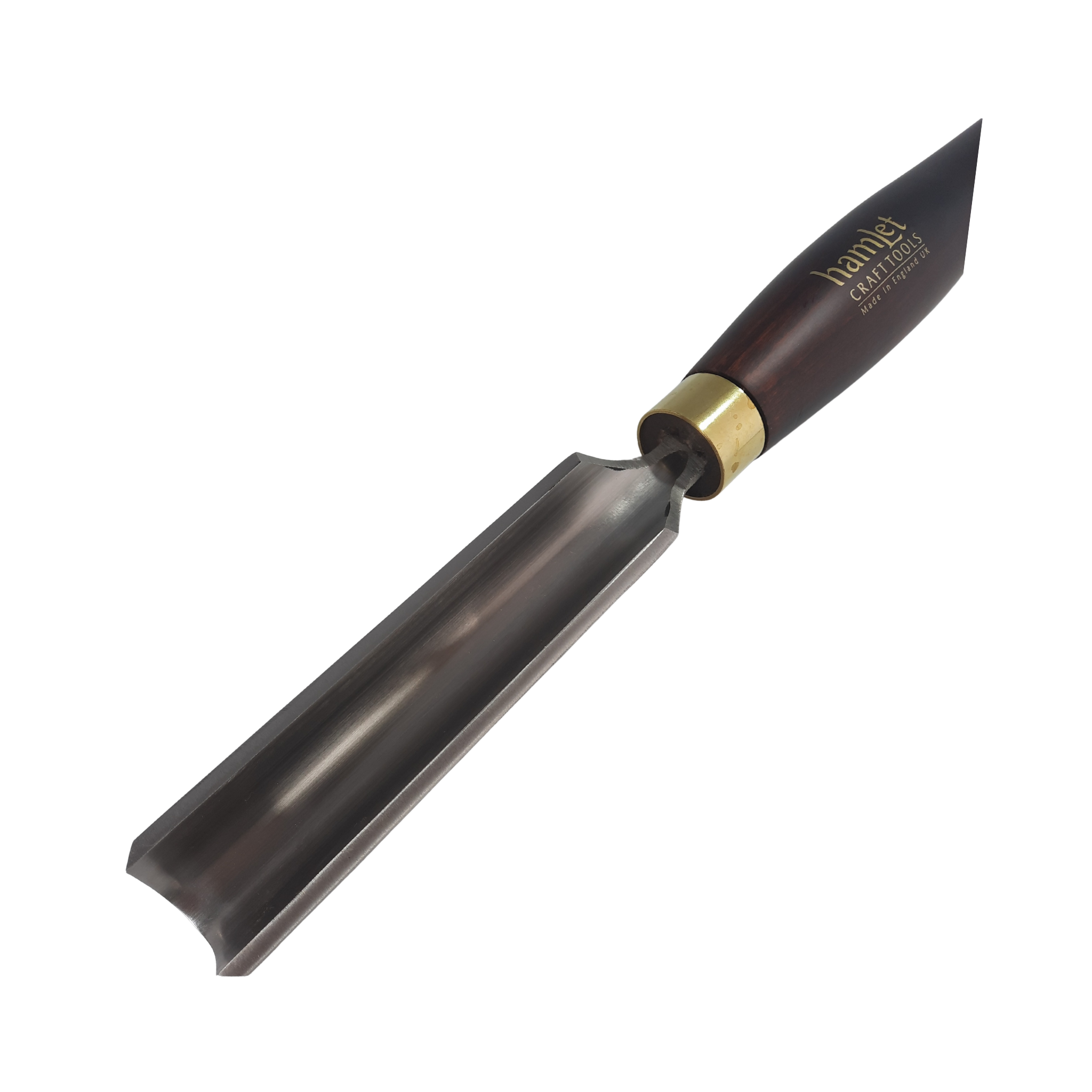 close up of high speed steel 1 1/4" woodturning  roughing gouge with wooden handle on a white background