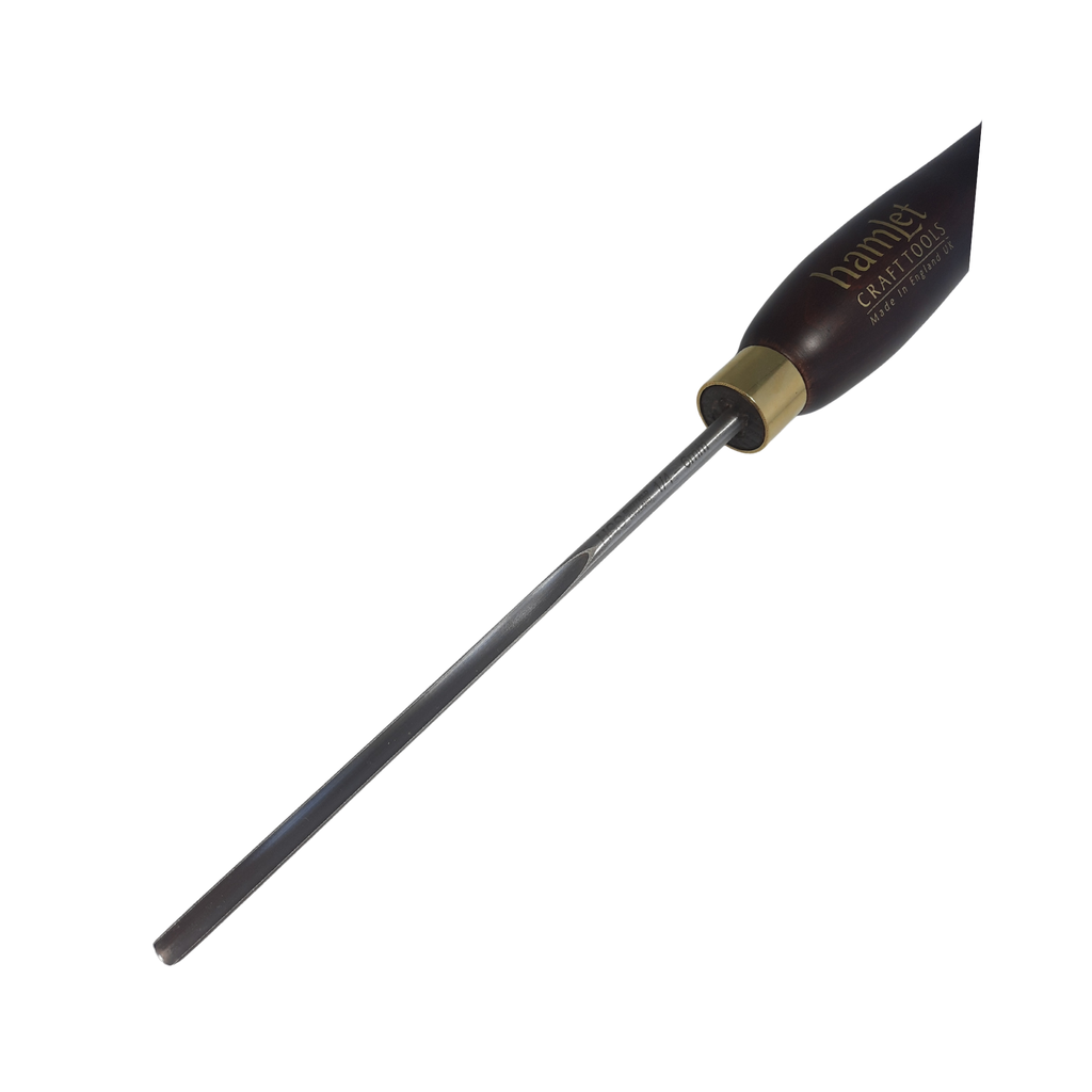 close up of high speed steel 1/4" woodturning spindle gouge with wooden handle on a white background