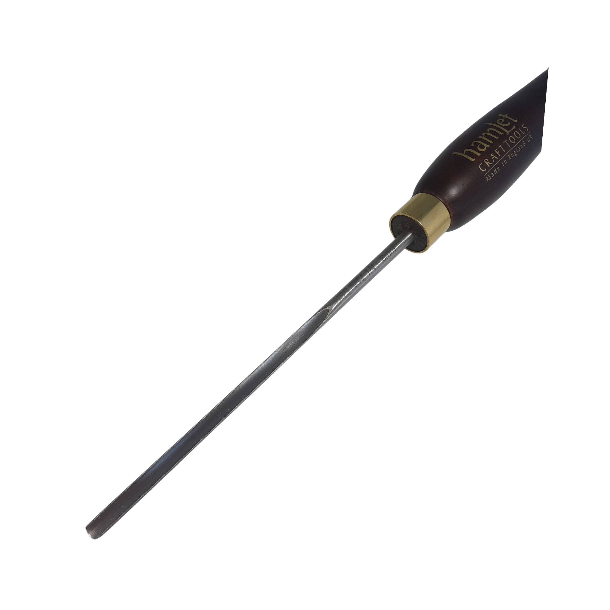 close up of high speed steel 1/4" woodturning spindle gouge with wooden handle on a white background