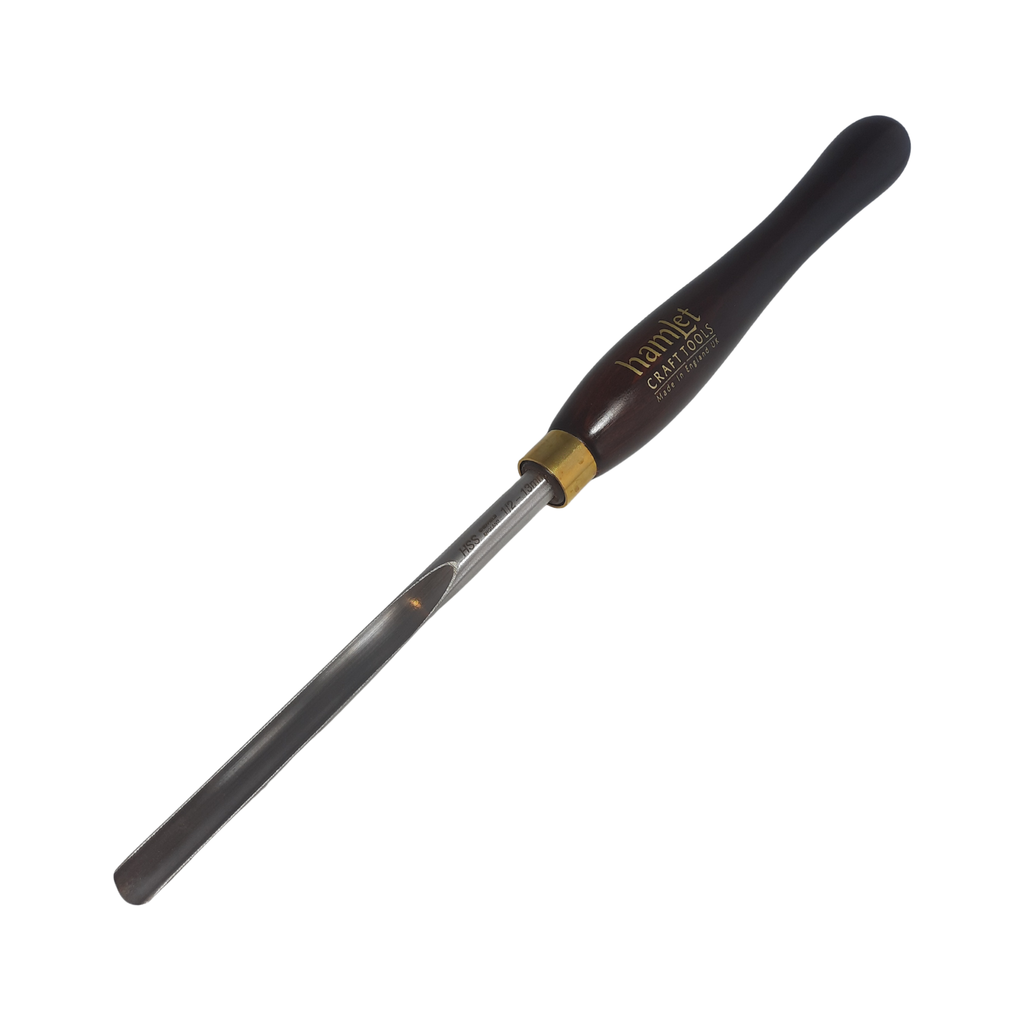 high speed steel 1/2" woodturning spindle gouge with wooden handle on a white background