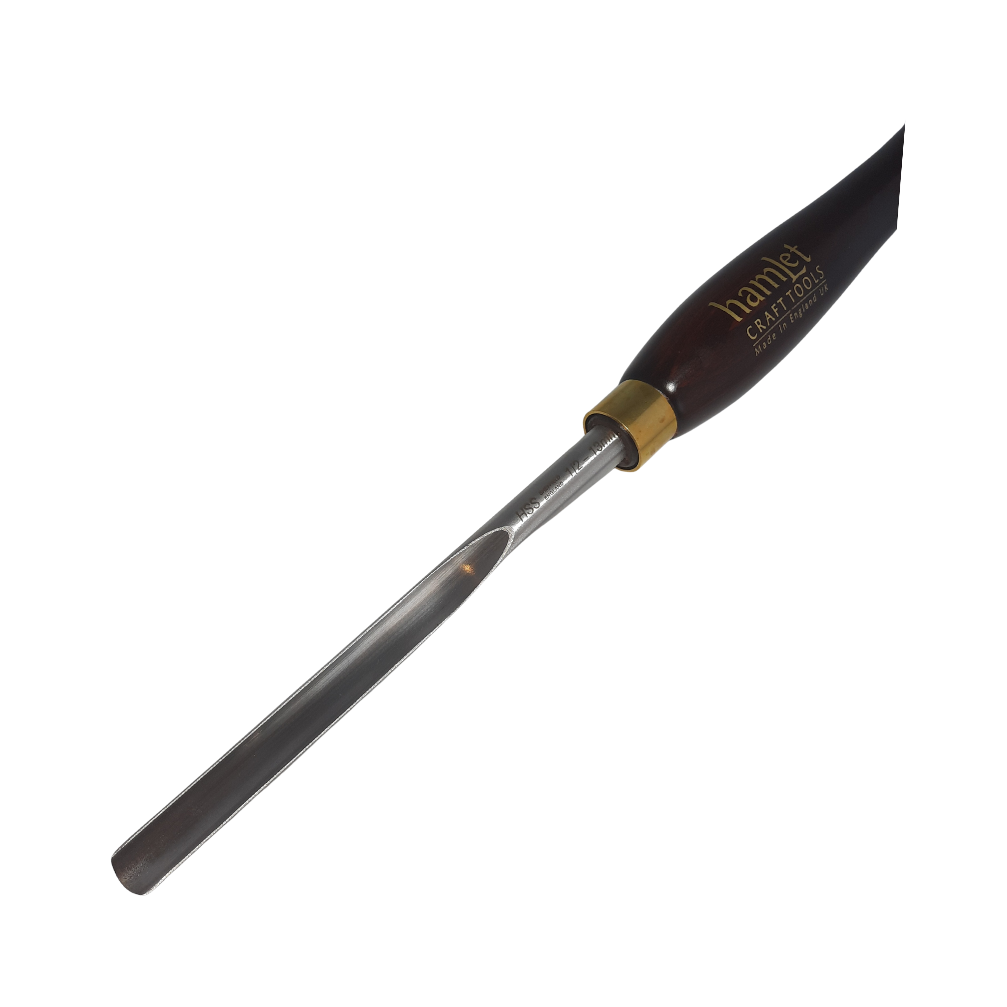 close up of high speed steel 1/2" woodturning spindle gouge with wooden handle on a white background