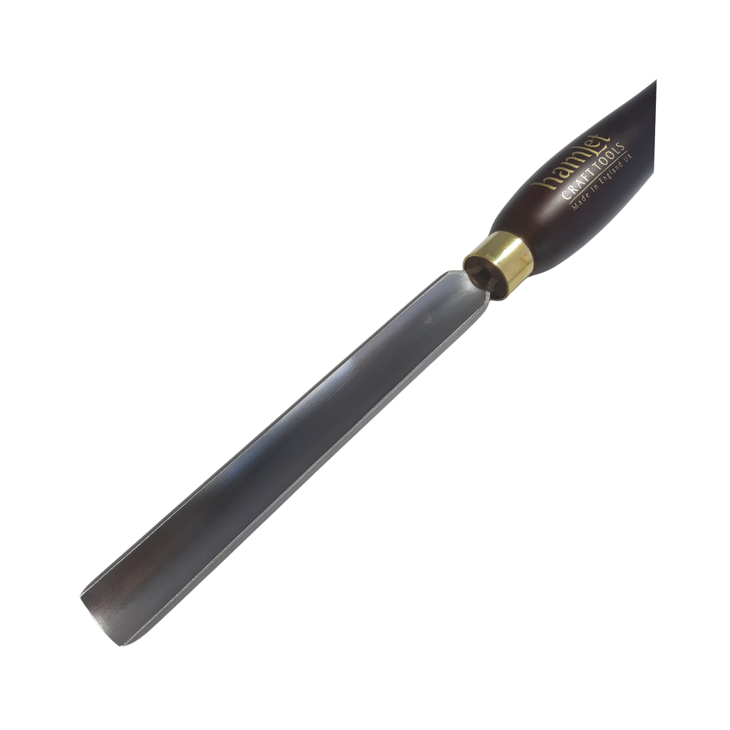 close up of high speed steel woodturning forged gouge with wooden handle on a white background