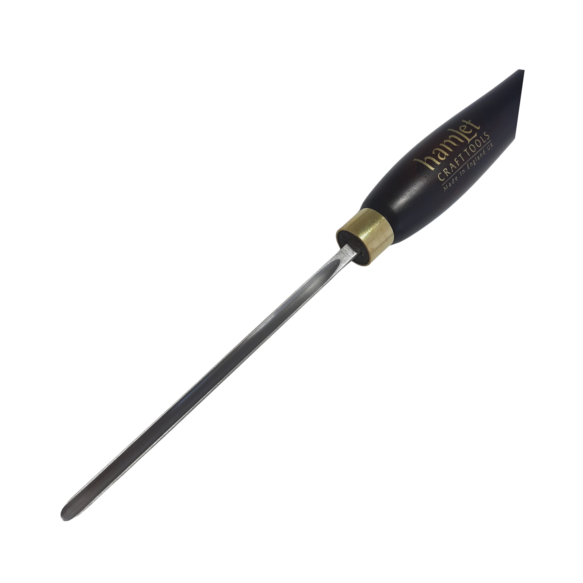 close up of high speed steel 1/4" woodturning german gouge with wooden handle on a white background