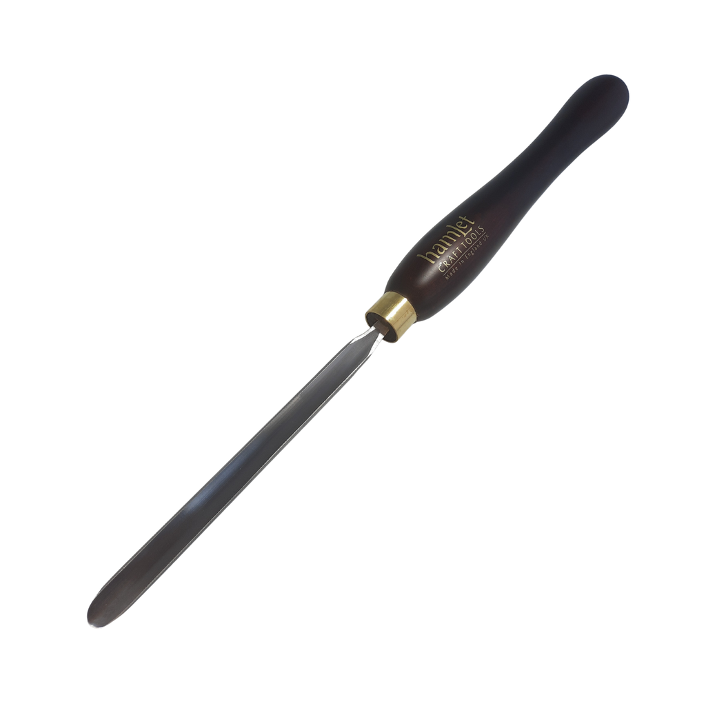 high speed steel 1/2" woodturning german gouge with wooden handle on a white background