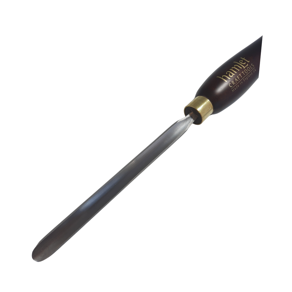 close up of high speed steel 1/2" woodturning german gouge with wooden handle on a white background
