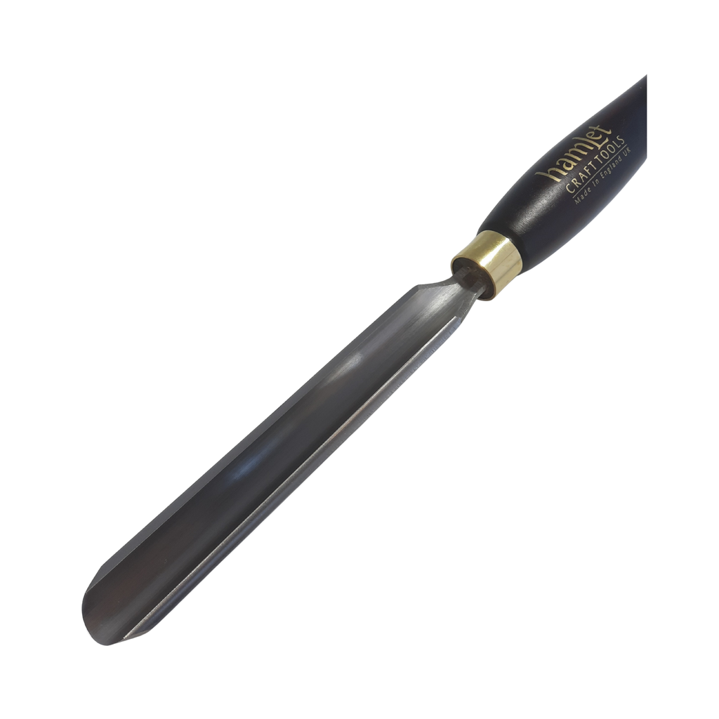 close up of high speed steel woodturning continental gouge with wooden handle on a white background