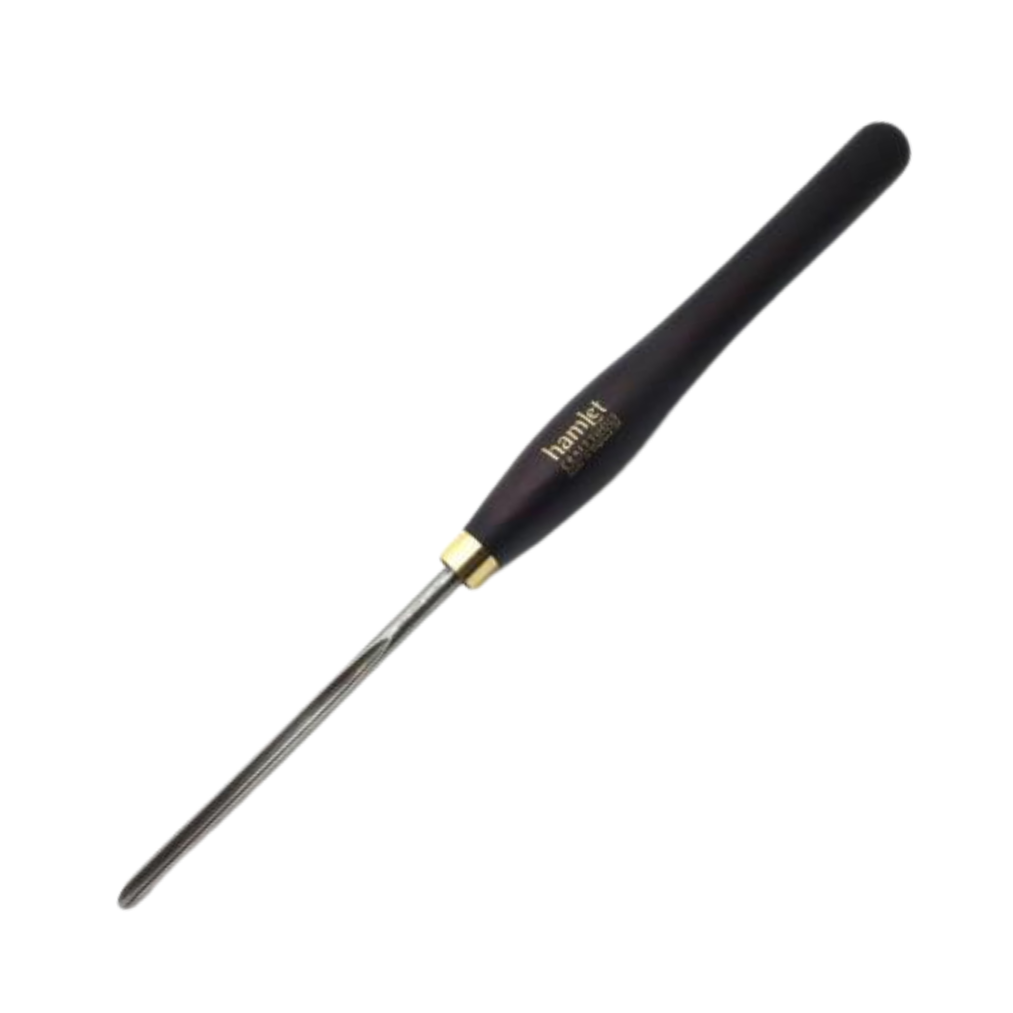 high speed steel  3/8" woodturning bowl gouge with long grind and wooden handle on a white background