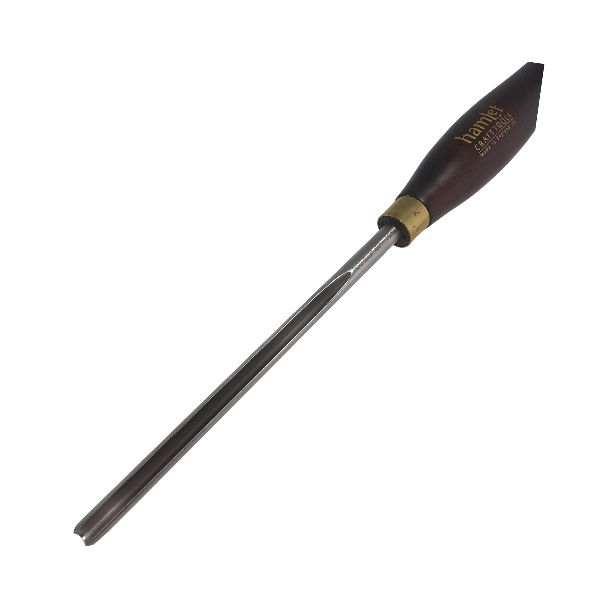 close up of high speed steel 3/8" woodturning bowl gouge with wooden handle on a white background