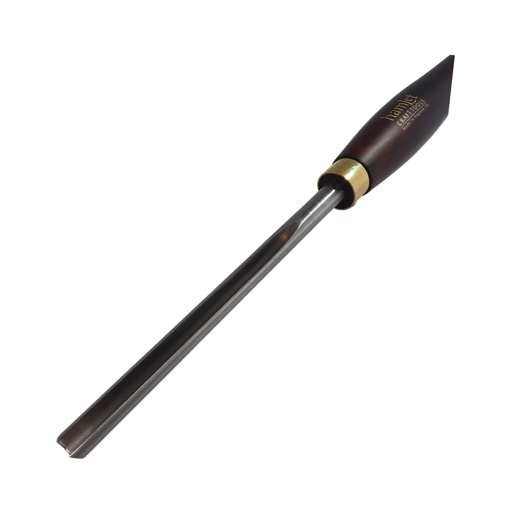 close up of high speed steel 1/2" woodturning bowl gouge with wooden handle on a white background