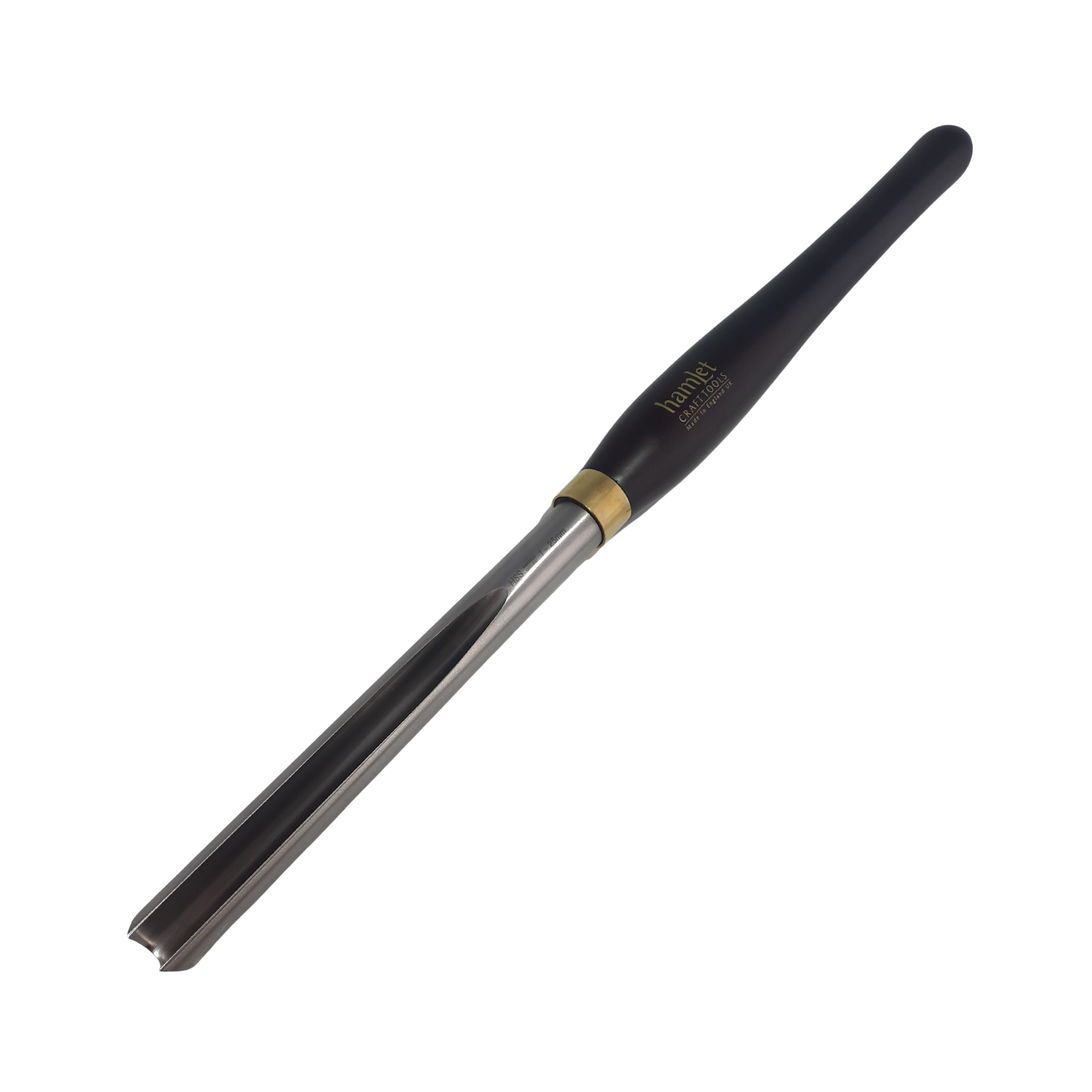 high speed steel 1" woodturning bowl gouge with wooden handle on a white background