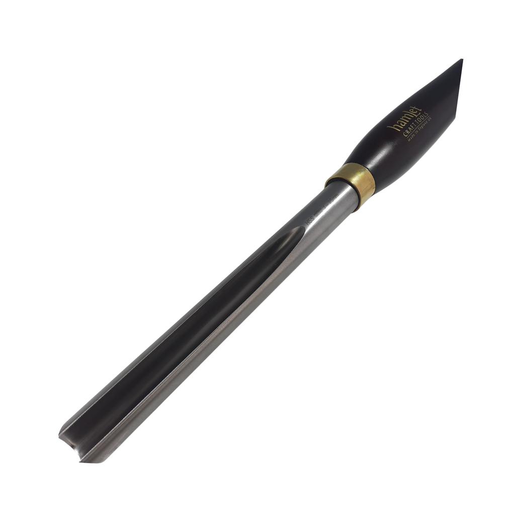 close up of high speed steel 1" woodturning bowl gouge with wooden handle on a white background