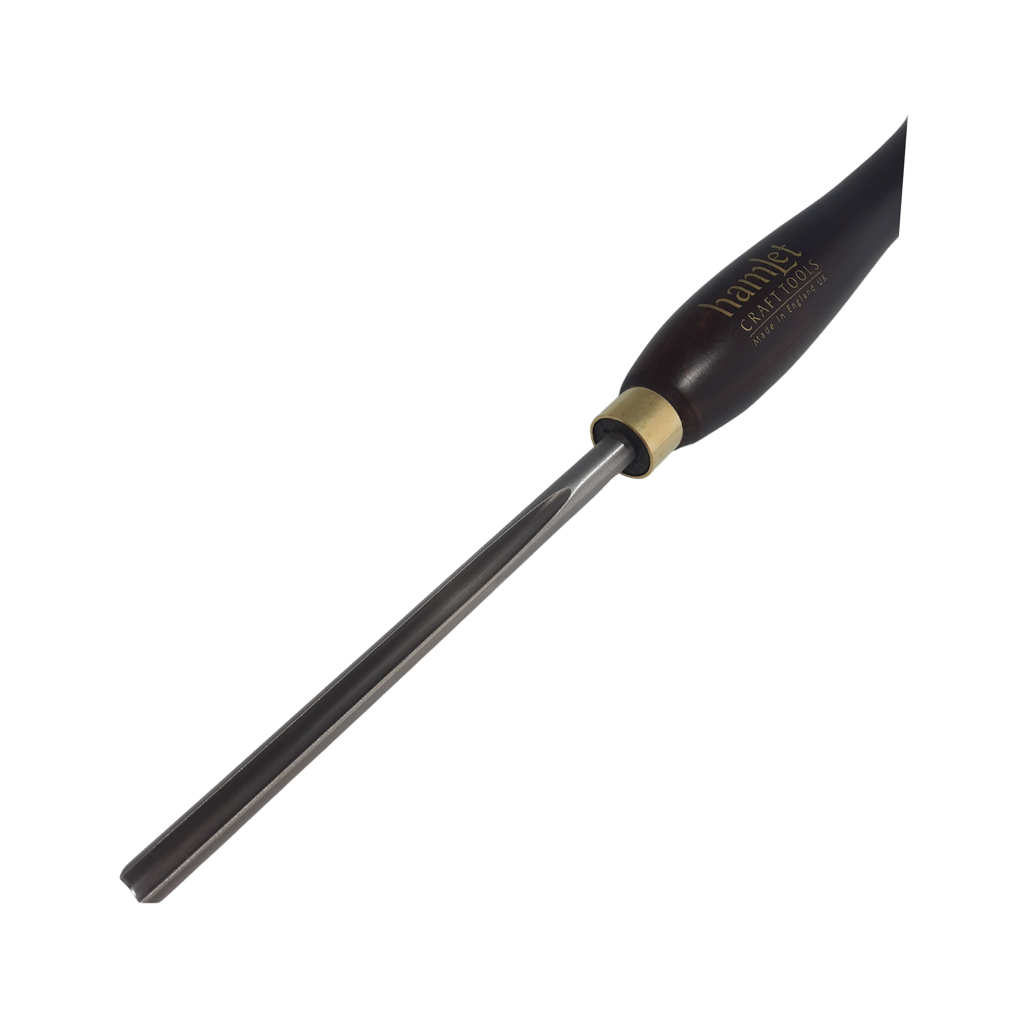 close up of high speed steel 1/4" woodturning short bowl gouge with wooden handle on a white background