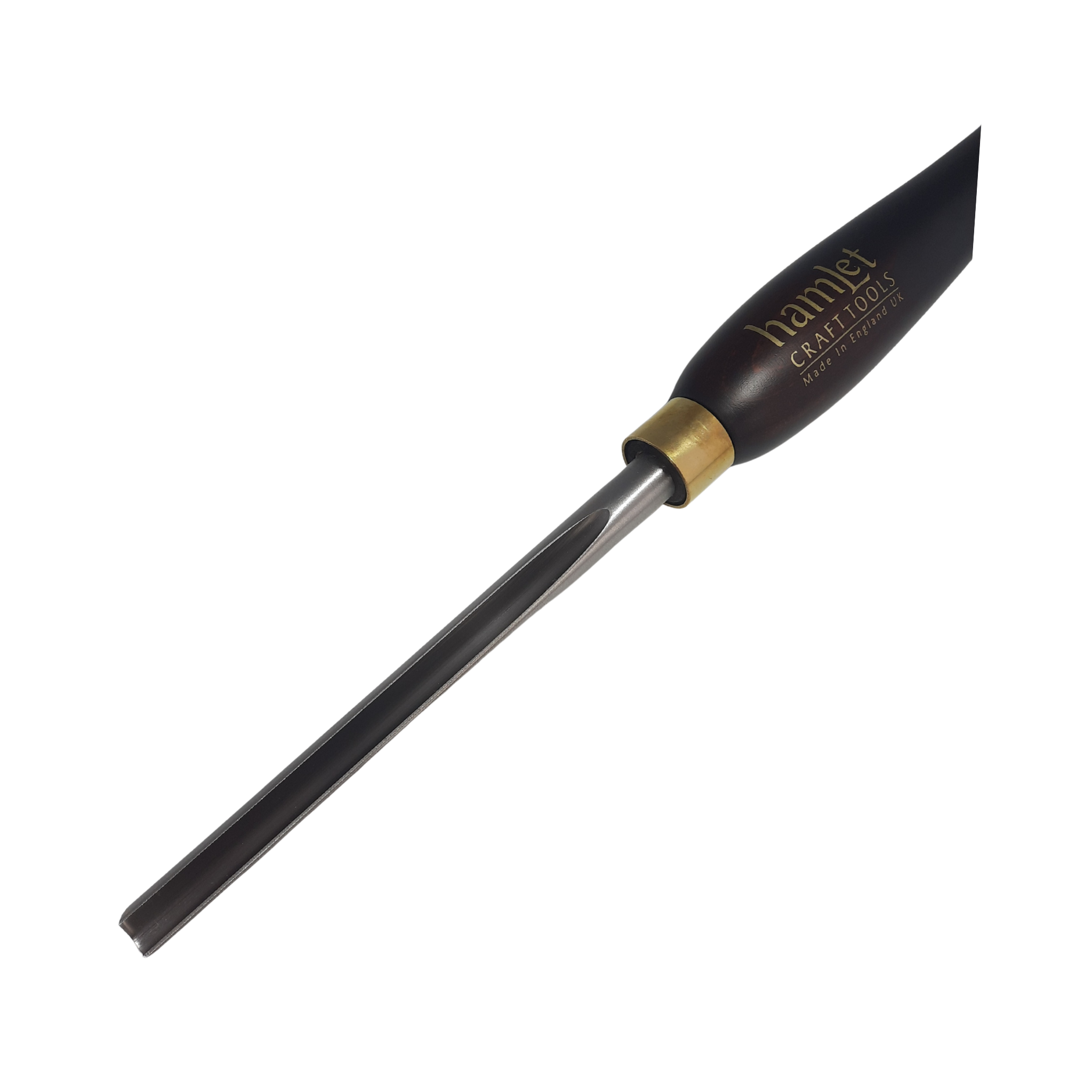 close up of high speed steel 3/8" woodturning short bowl gouge with wooden handle on a white background
