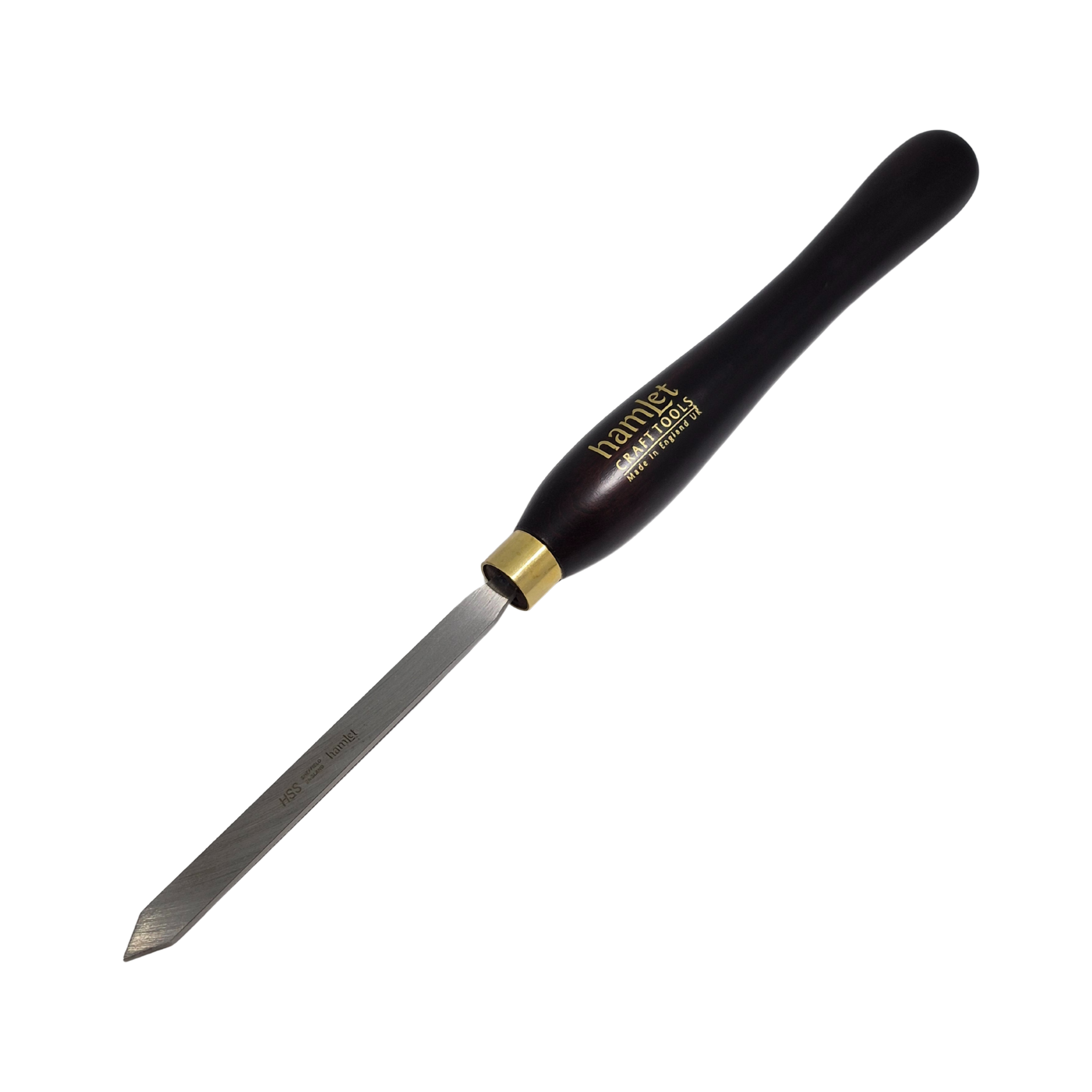 high speed steel woodturning parting tool with wooden handle on a white background