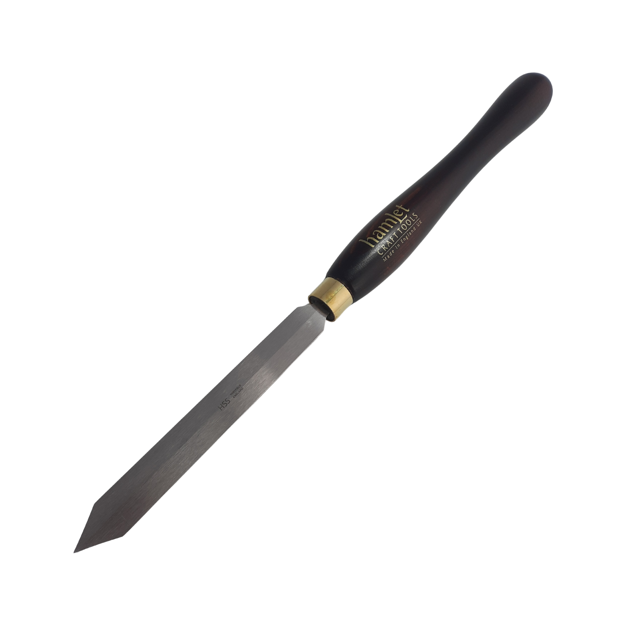 high speed steel woodturning diamond parting tool with wooden handle on a white background