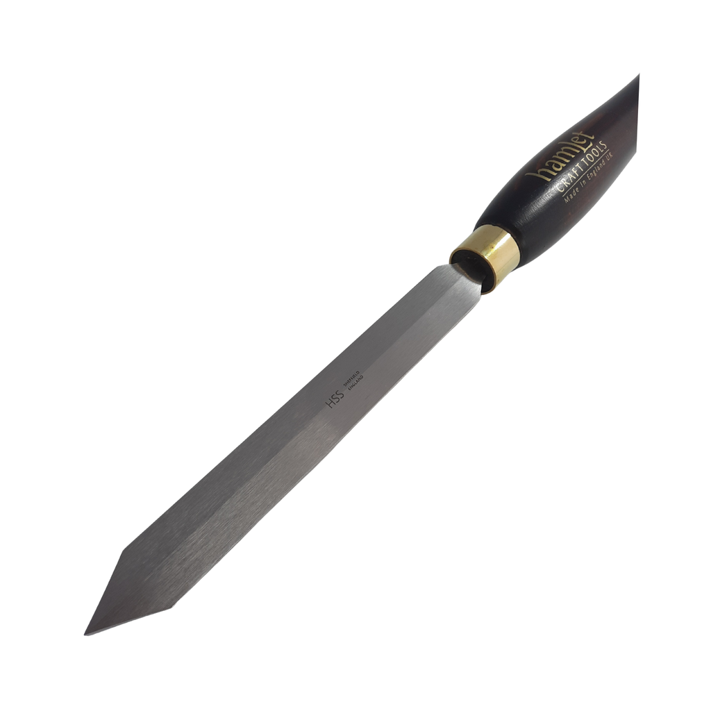 close up of high speed steel woodturning diamond parting tool with wooden handle on a white background