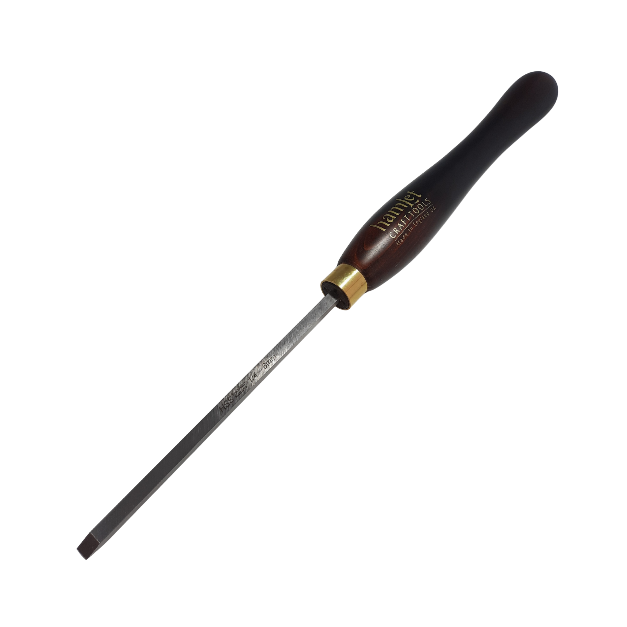 high speed steel 1/4" woodturning beading and parting tool with wooden handle on a white background