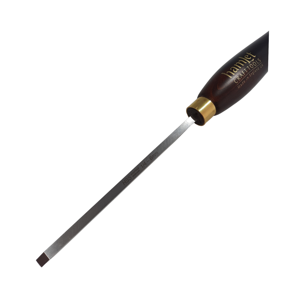 close up of high speed steel 1/4" woodturning beading and parting tool with wooden handle on a white background