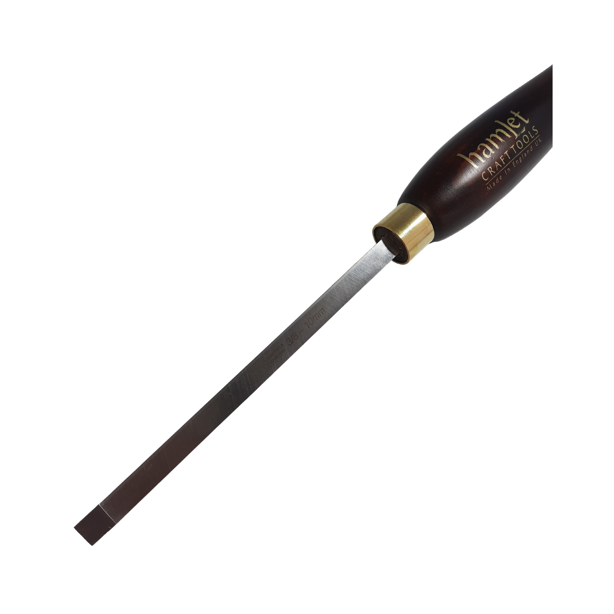 close up of high speed steel 3/8" woodturning beading and parting tool with wooden handle on a white background