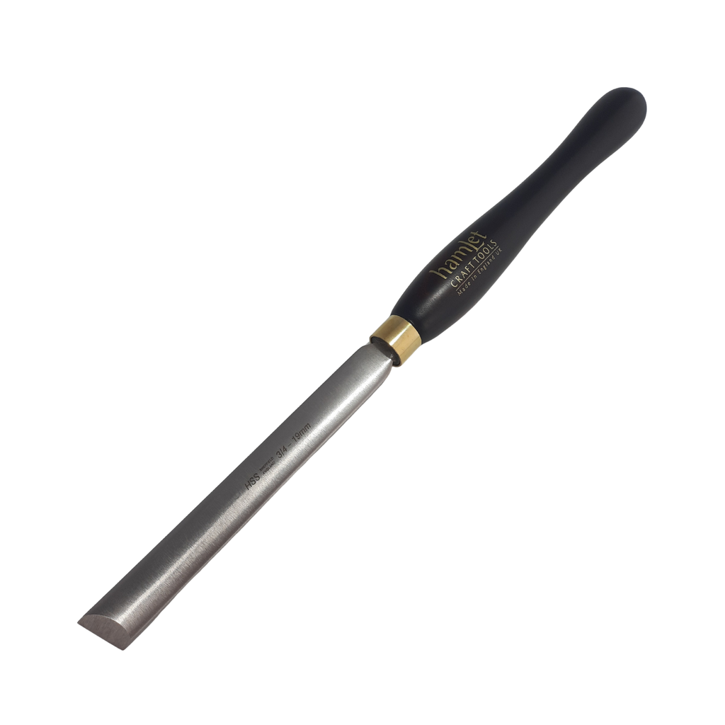 high speed steel 3/4" woodturning oval skew chisel with wooden handle on a white background