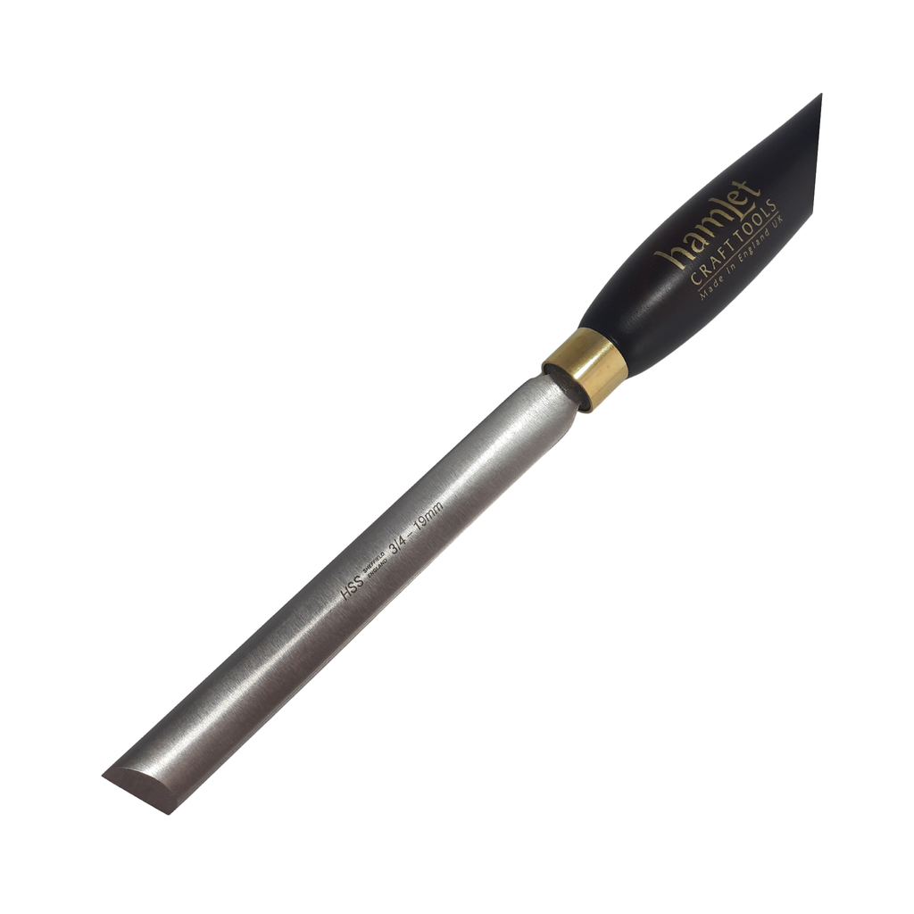 close up of high speed steel 3/4" woodturning oval skew chisel with wooden handle on a white background